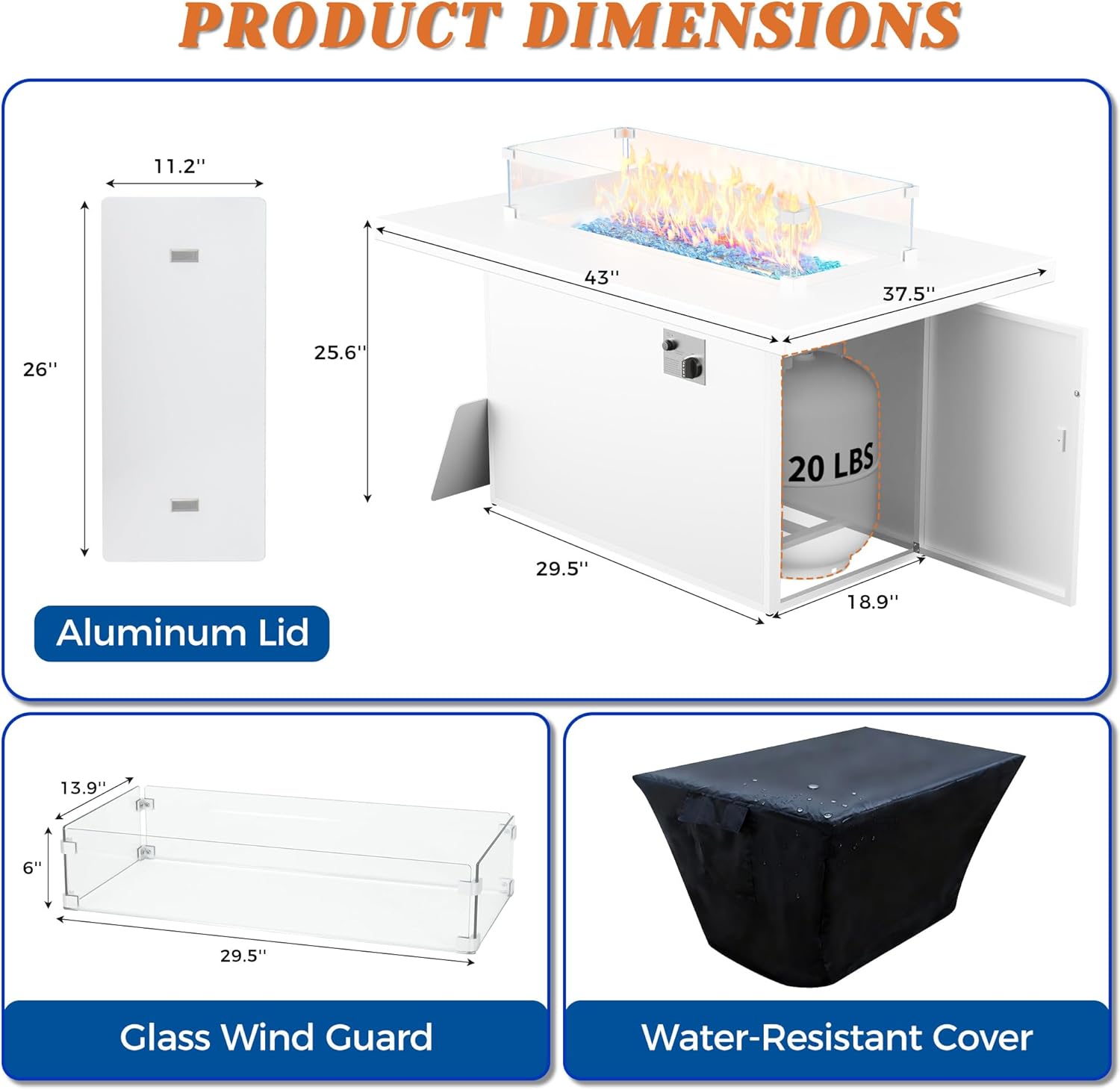 RADIATA Patio Outdoor Aluminum Rectangle Propane Gas Fire Pit Table Anti-Rust 55,000 BTU H-Burner Firepit with Glass Stones & Wind Guard Glass Cover for Outside Garden Yard Pool Balcony (White)