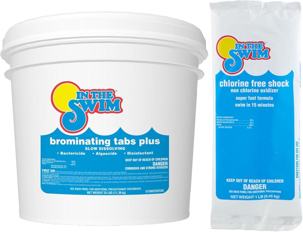 In The Swim Chlorine-Free Shock Bundle and Bromine Plus: Includes 24 x 1 Pound Bags Chlorine-Free Shock and 25 Pound Bucket of Bromine Plus - Effective Low Odor Alternative