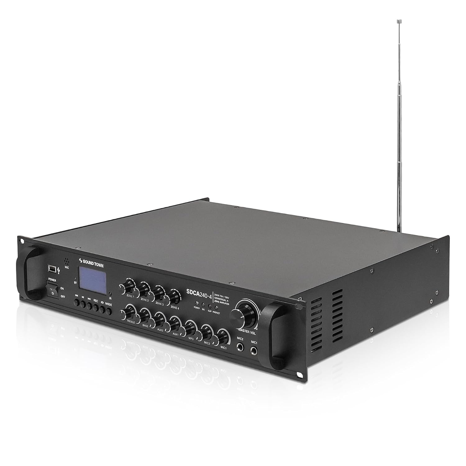 Sound Town 240W Class-D 4-Zone 70V/100V Compact Commercial Power Amplifier with Bluetooth, Aluminum, for Restaurants, Lounges, Bars, Pubs, Schools and Warehouse (SDCA240-4)