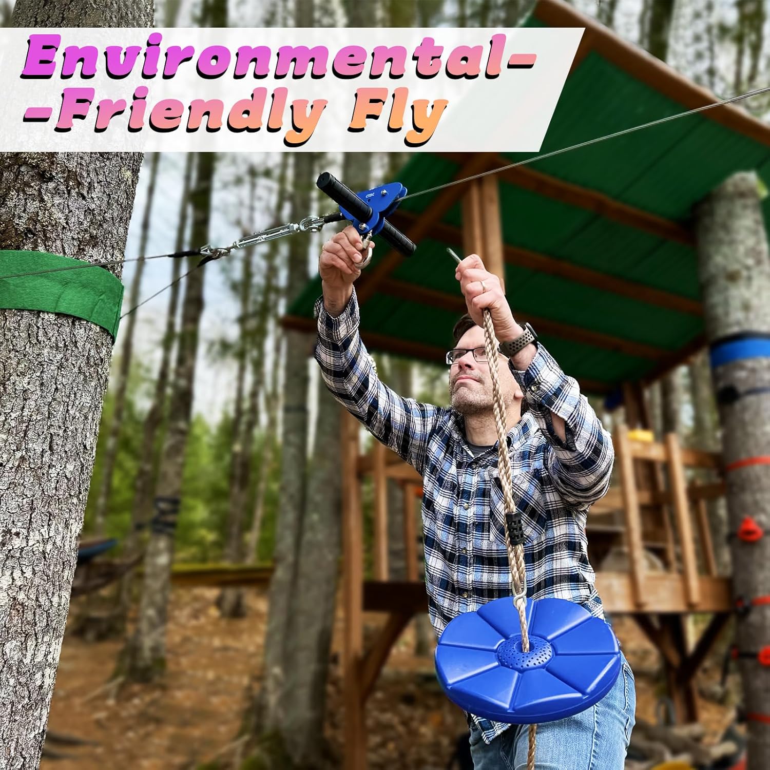 CTSC Zipline for Kids and Adult, Zip line Kits for Backyard with Stainless Steel Spring Brake, Cable Tensioning Kit, Safety Harness, 2 Tree Protectors and Full Set of Zip line Accessories