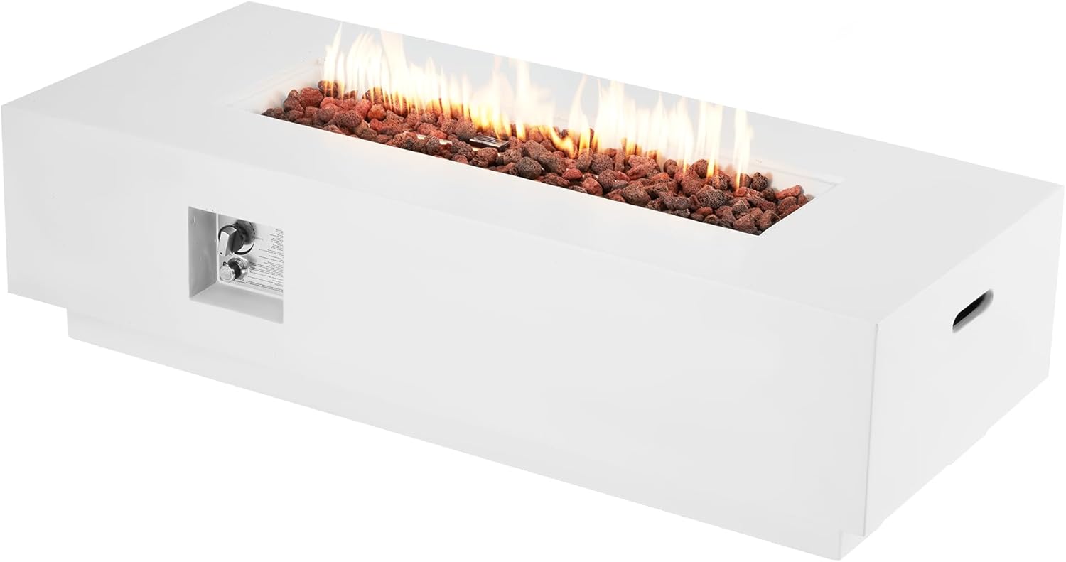 ECOTOUGE 56'' Gas Fire Pit, Outdoor Propane Firepit, Auto-Ignition Rectangle Steel Fire Table, 50,000 BTU Concrete fire Pit w/Weather-Resistant Pit Cover, Lava Rocks,no Tank Holde, White