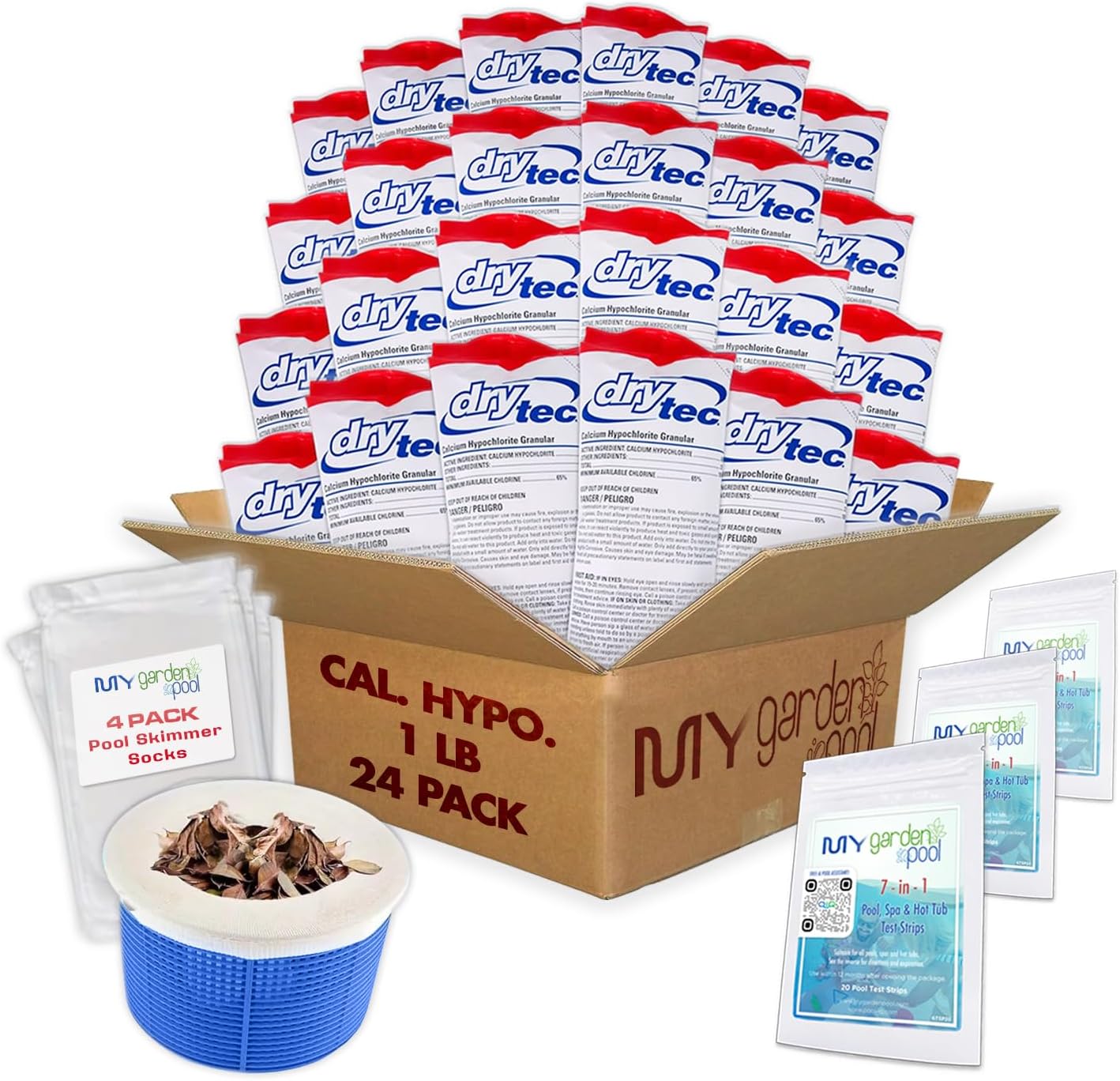 Drytec Calcium Hypochlorite Pool Shock 1 lb. 68% Bag, 24 Pack, Complete Pool Care Kit with My Garden Pool Skimmer Sock and 7-in-1 Test Strips, 60 ct. – Powerful Chlorine Shock for Clear Swimming Water