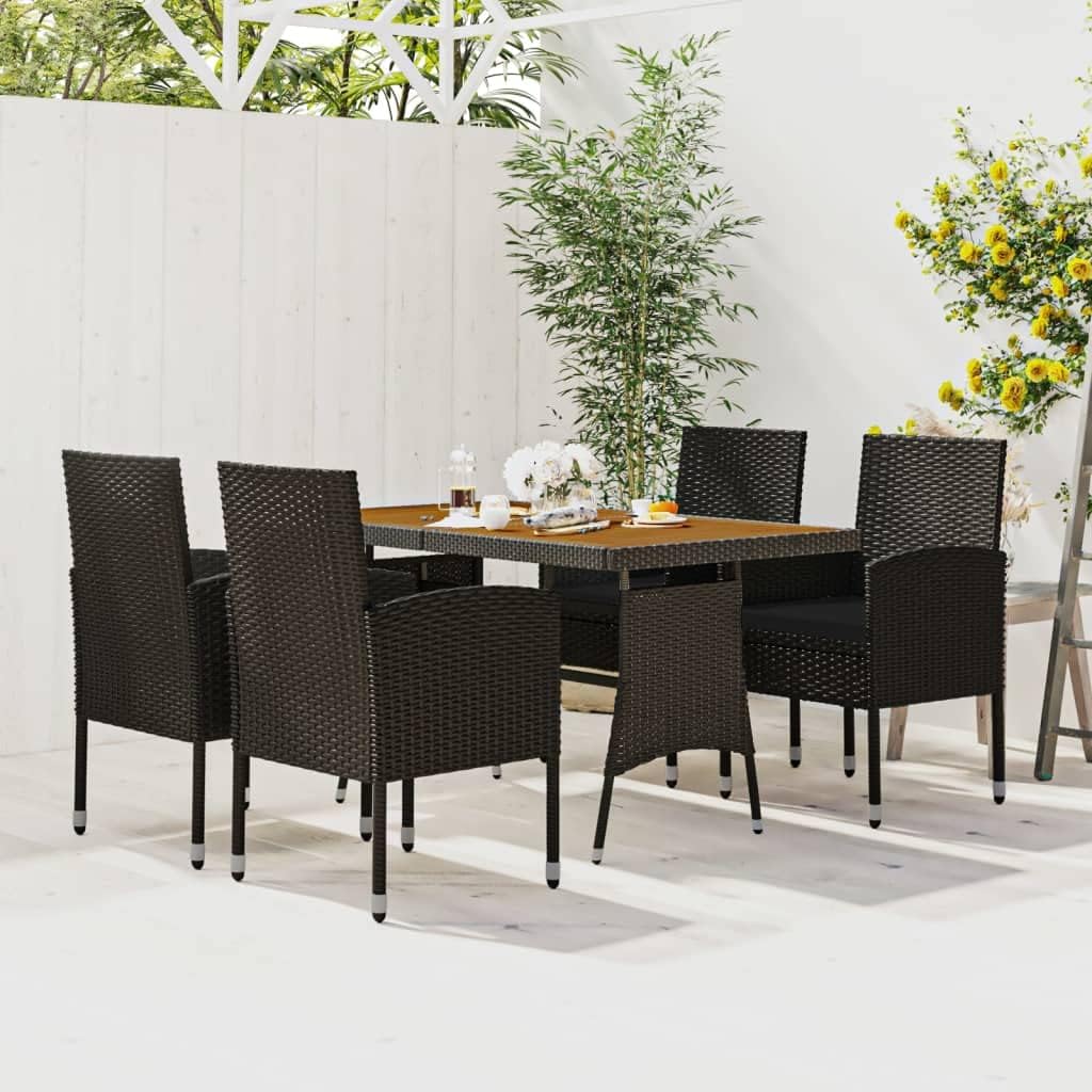 5-Piece Outdoor Dining Set, Black PE Rattan & Acacia Wood, Rectangular Patio Furniture Set for Garden, Balcony, Weather-Resistant