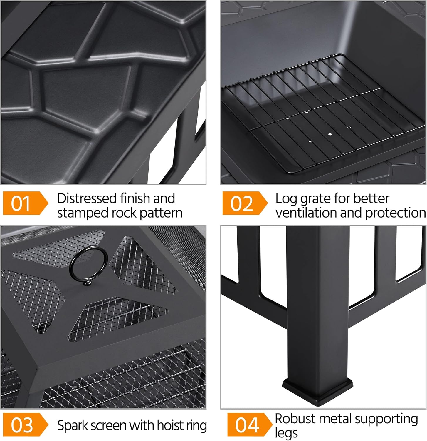 Topeakmart Outdoor Fire Pit Wood Burning 32in Multifunctional Firepits Table Patio Stove with Waterproof Cover, Spark Screen, Poker, Large Square Fire Pits for Outside Garden Camping