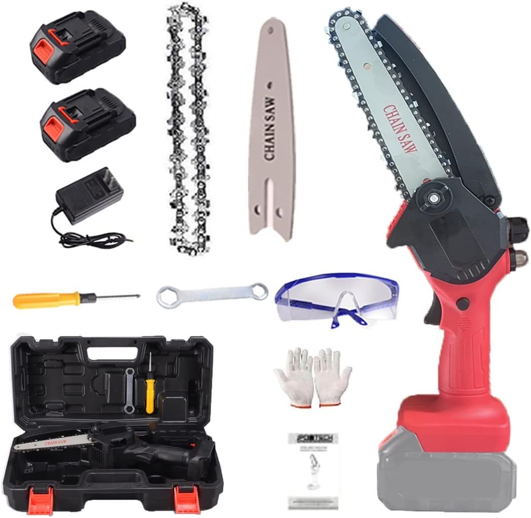 Mini Chainsaw,6 Inch Cordless Battery Powered Chain Saw, One-Hand Chainsaw,Electric Chainsaw, Handheld Mini Chainsaw for Cutting Pruning and Gardening (Color : Red-24V, Battery *1 : 1*Chain)