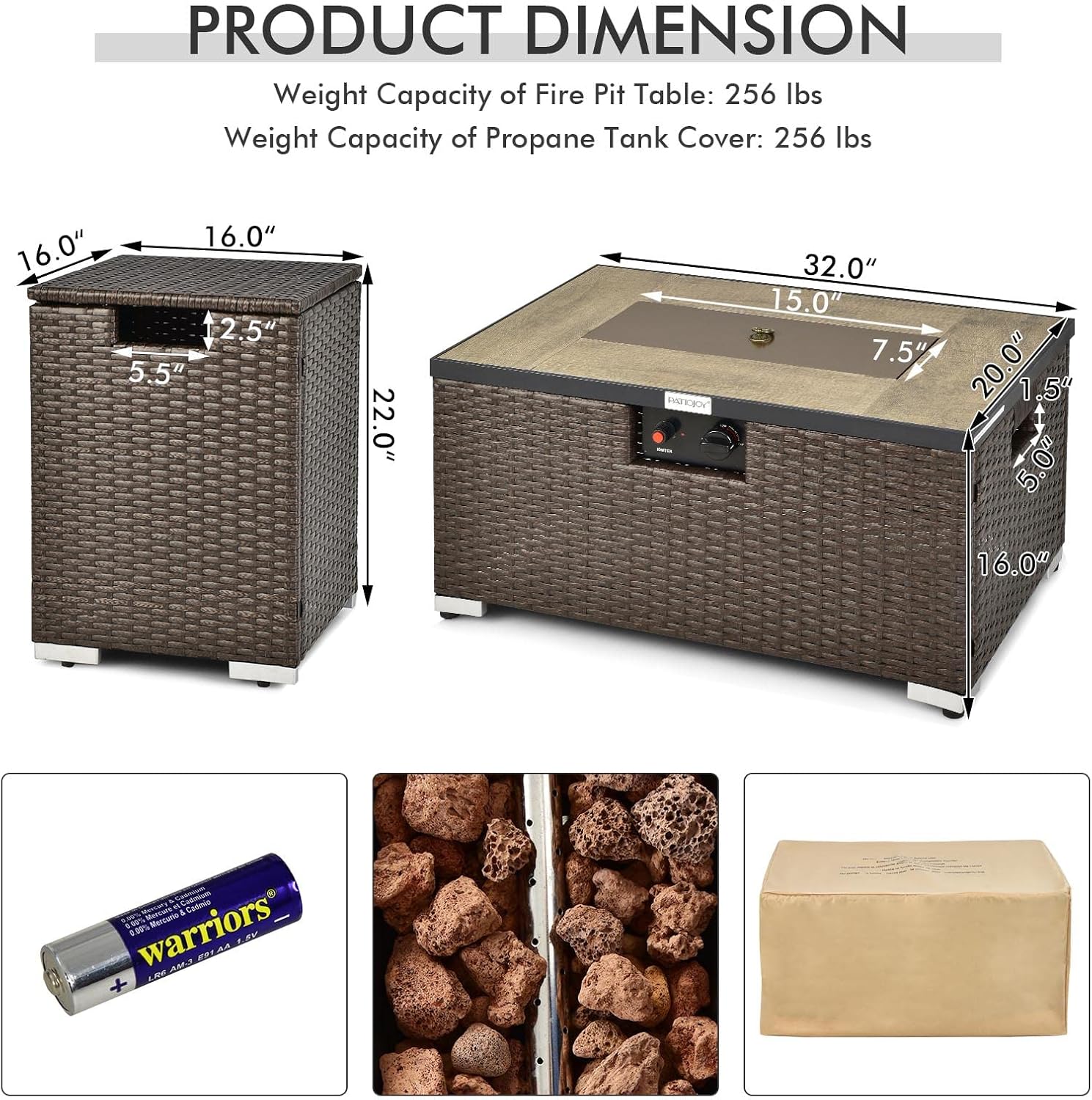 Tangkula 2 Piece Outdoor Propane Fire Pit Table Set with Hideaway Propane Tank Holder, 40,000 BTU Rattan Wicker Fire Pit Table with Lava Rocks, Waterproof Cover, Ideal for Backyard, Patio (Brown)