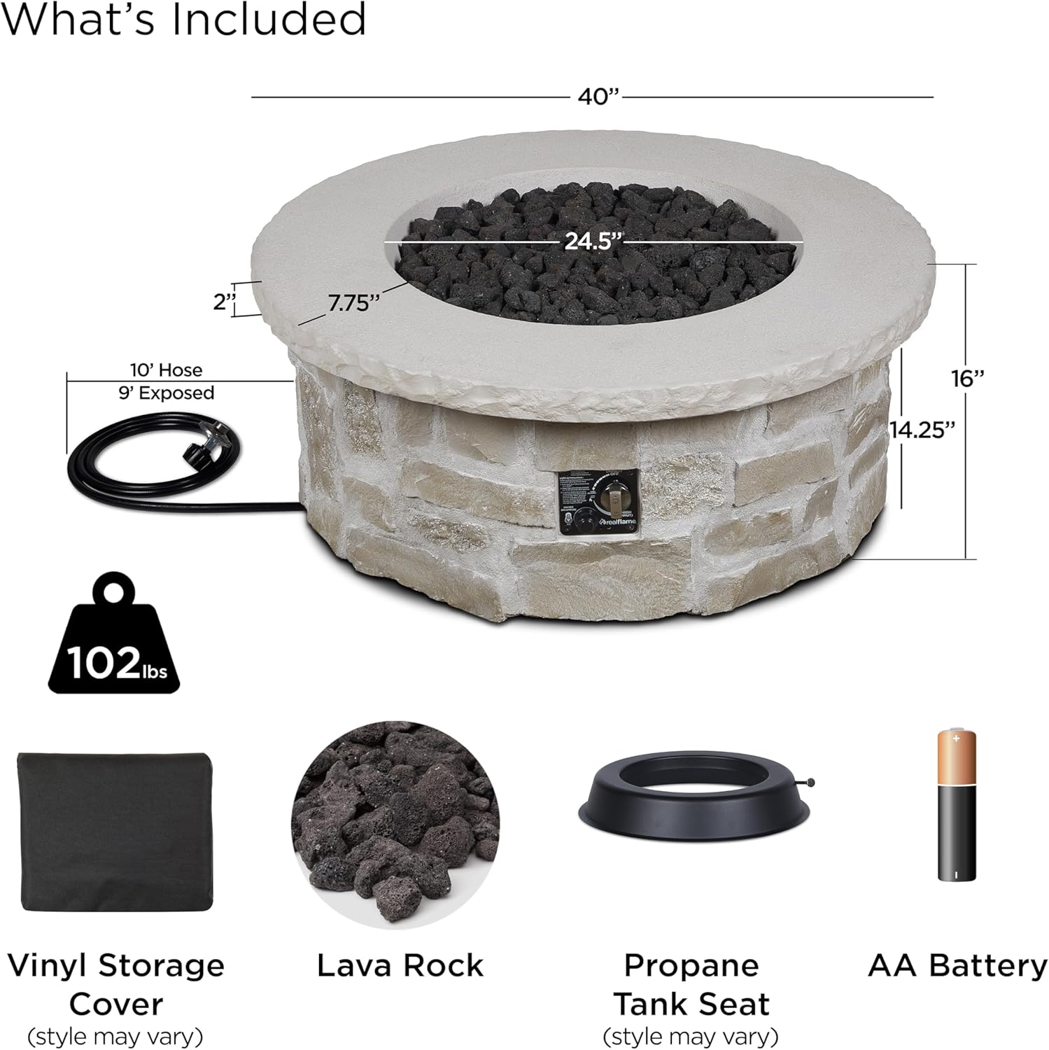 Real Flame Scottsdale 40” Round Stone Propane Fire Pit Table, 50000 BTU Outdoor Gas Fireplace for Outside Patio Backyard Deck and Garden, Includes Storage Cover and Lava Rock Filler