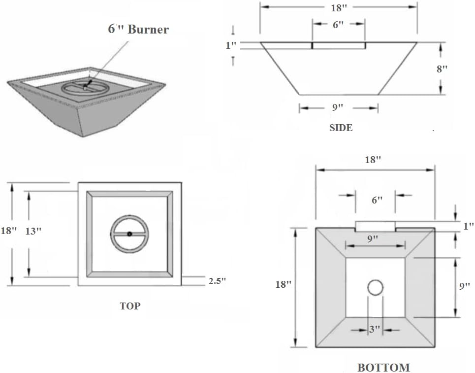 18 Inch Square Hammered Copper Metal Outdoor Propane or Natural Gas Fire Pit with 6 Inch Diameter Burner Ring Stainless Steel