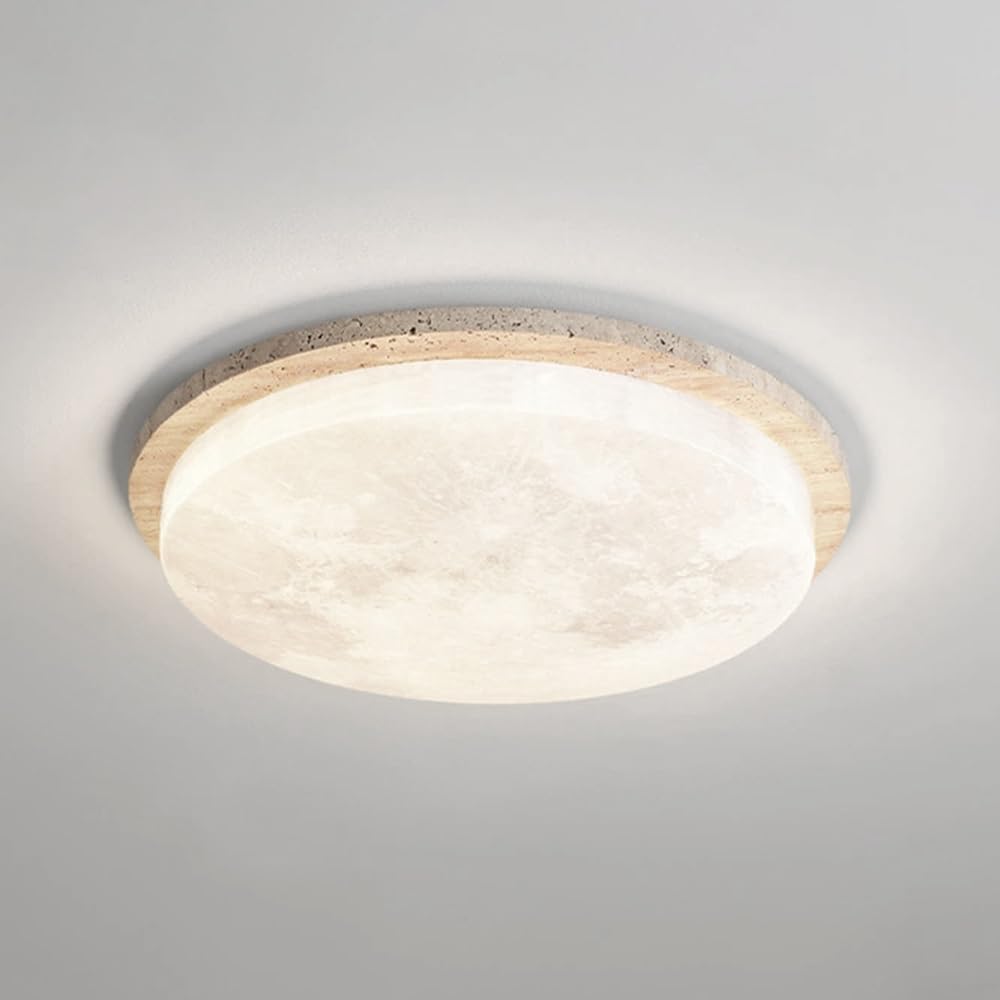 LED Dimmable Ceiling Lamp Natural Stone Flush Mount Ceiling Light Fixture, Wabi Sabi Yellow Travertine Close to Ceiling Lamps, 3D Moon Chandelier Art Deco Lighting Indoor(34CM)