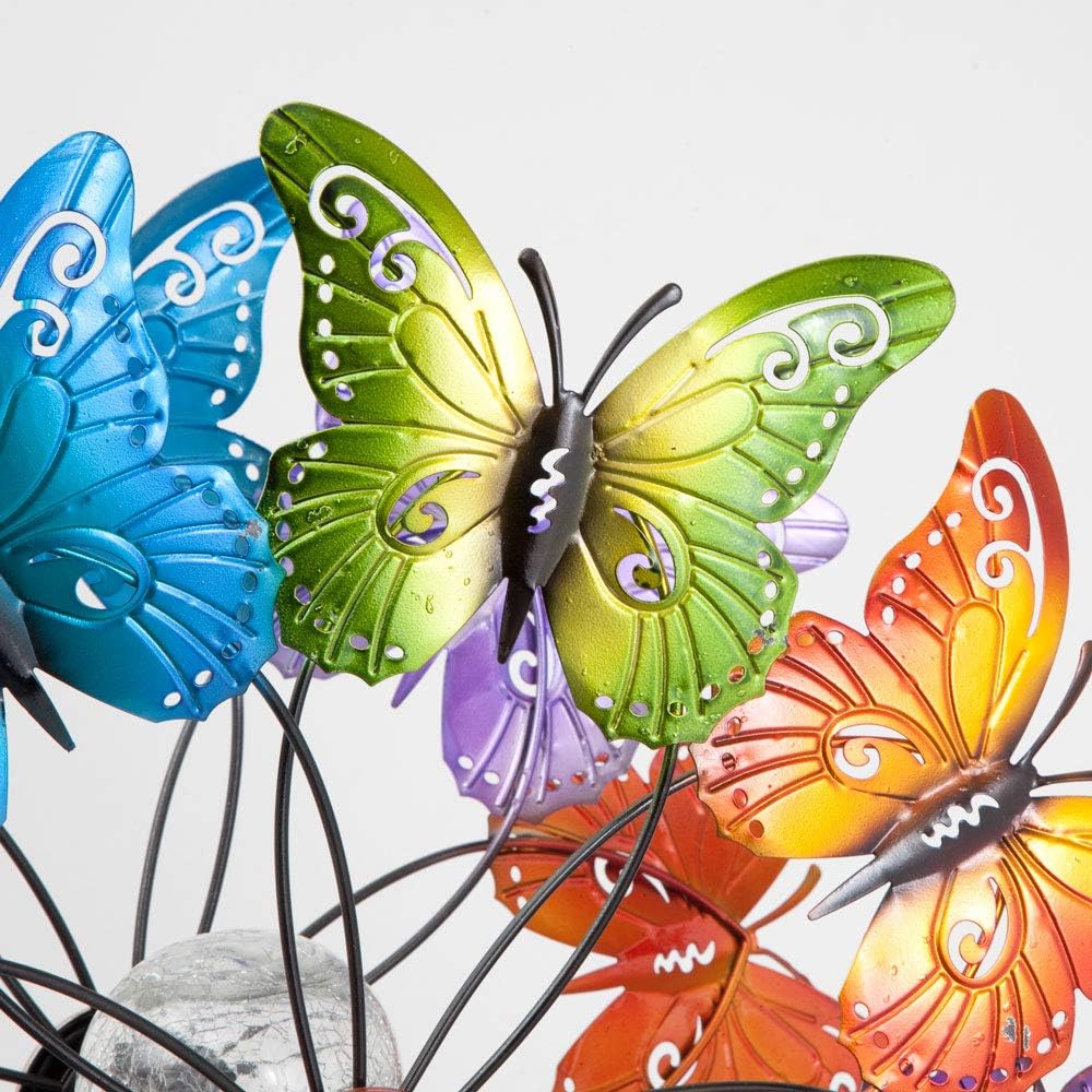 Bits and Pieces - LED Butterfly Solar Wind Spinner-Solar Powered Glass Ball Emits Color-Changing Light - Made of Metal and Steel