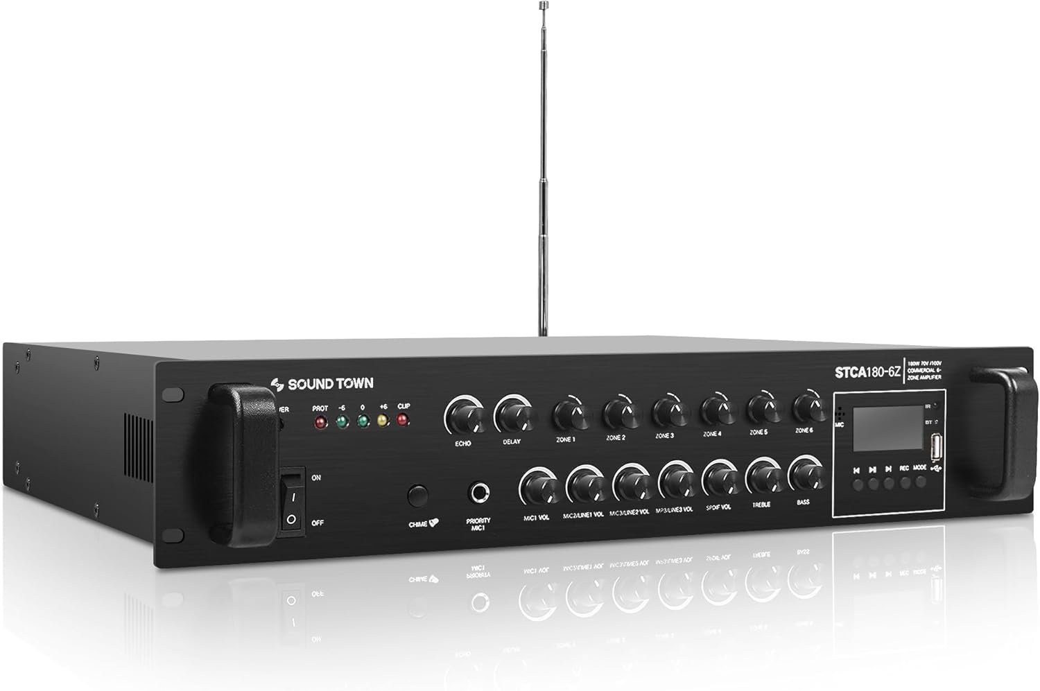 Sound Town 180W 6-Zone 70V/100V Commercial Power Amplifier with Bluetooth, Optical, Phantom Power, for Restaurants, Lounges, Bars, Pubs, Schools (STCA180-6Z)