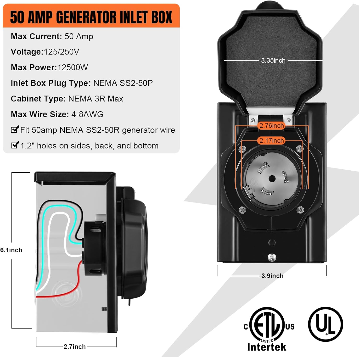 15FT 50 Amp Generator Cord with Pre-Drilled Power Inlet Box,Heavy Duty Generator Power Cord 4 Prong,125/250V,NEMA14-50P/SS2-50R,Waterproof,ETL Listed,Home/RV Power Supply