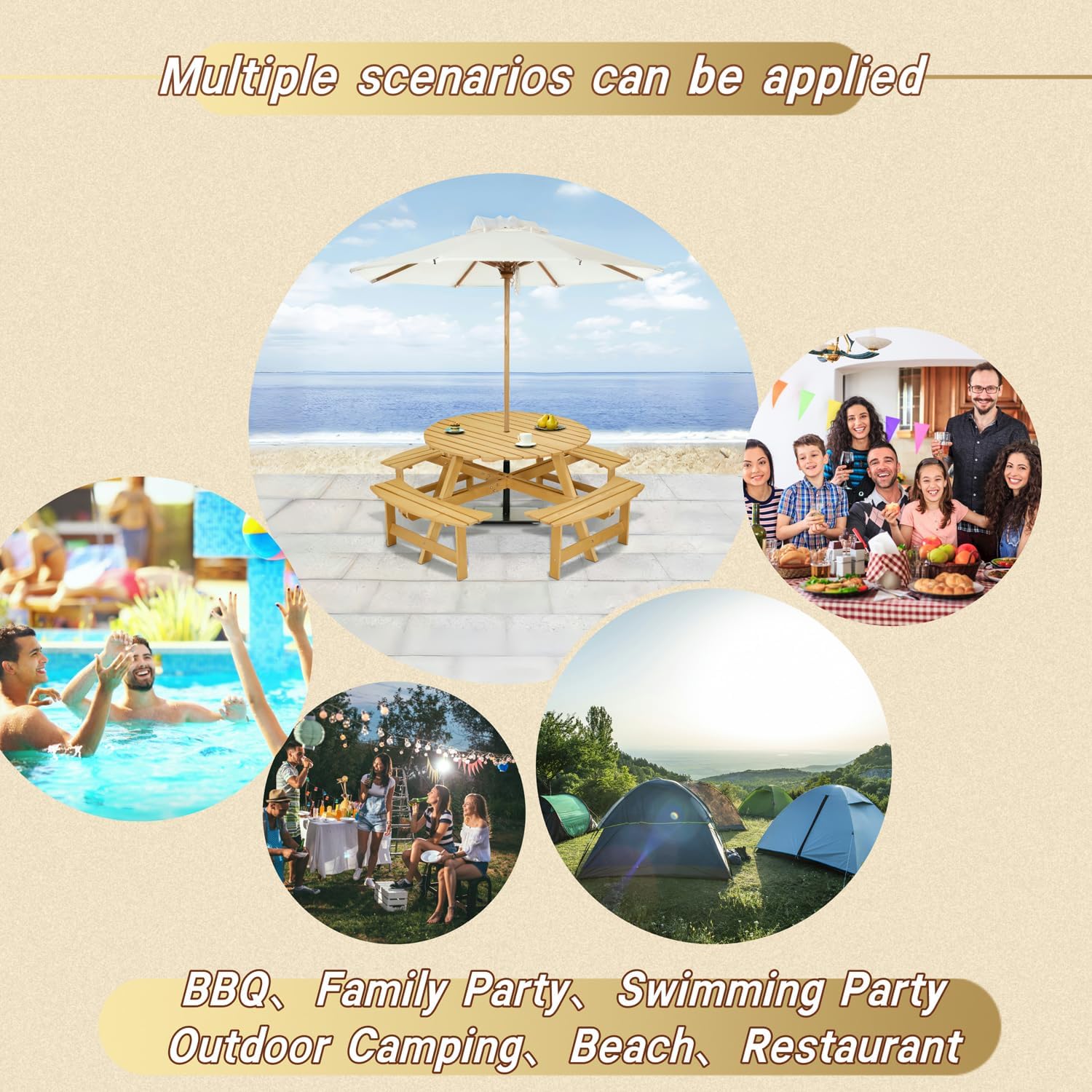 8 Person Picnic Table, Wood Outdoor Round Table and Bench Set with 4 Built-in Benches & Umbrella Hole for Garden, Backyard, Porch & Patio, 500lbs Capacity Per Bench (Natural)