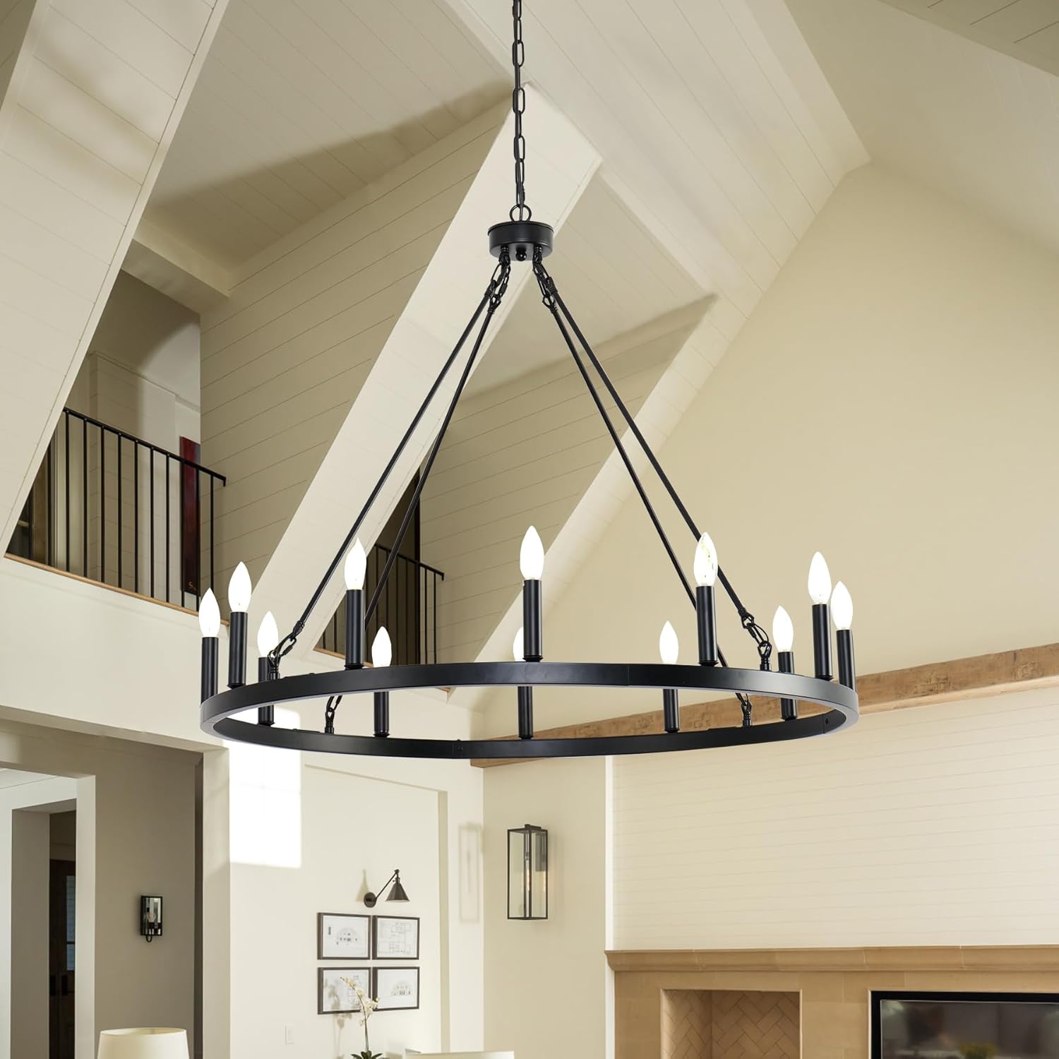 BAOURE 31Inch Black Wagon Wheel Chandelier,12 Light Industrial Candle Style Modern Wagon Wheel Lighting for Living Room,Dining Room,Foyer, Entryway,Outdoor Porch