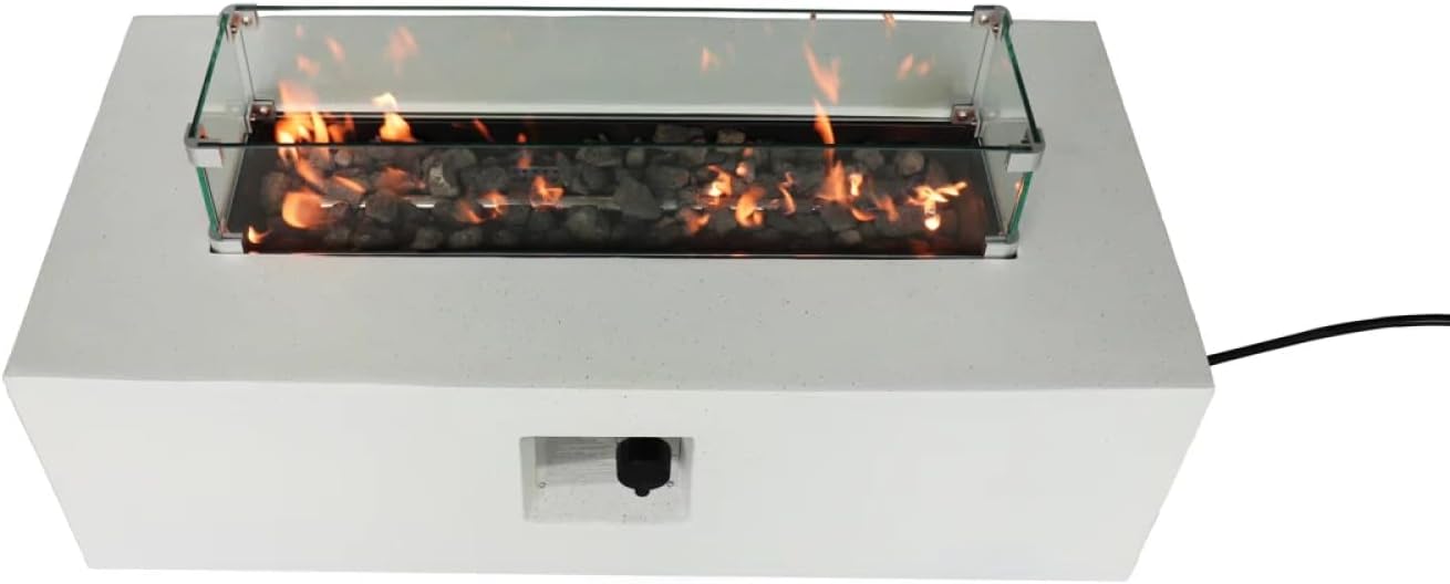 Rectangular Concrete Propane Fire Pit Table with Fiber Reinforcement - Grey - Adjustable Heat Output - Outdoor Patios, Decks, Backyards - Modern Warmth