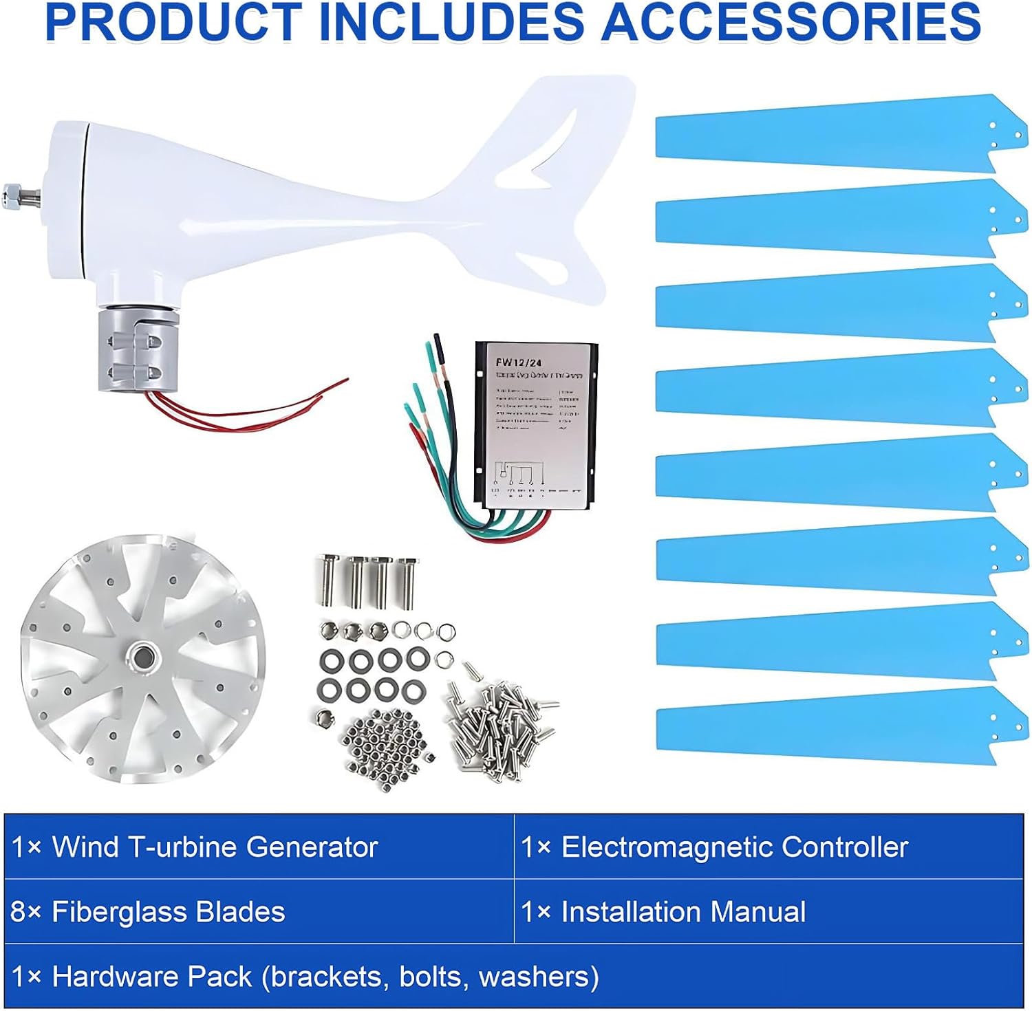 100/200/300/400W Wind Generator Kit, 8-Blade Turbine with MPPT Controller, Low Start Wind Speed for Hybrid Solar Wind System, Home, RV Blue-400W