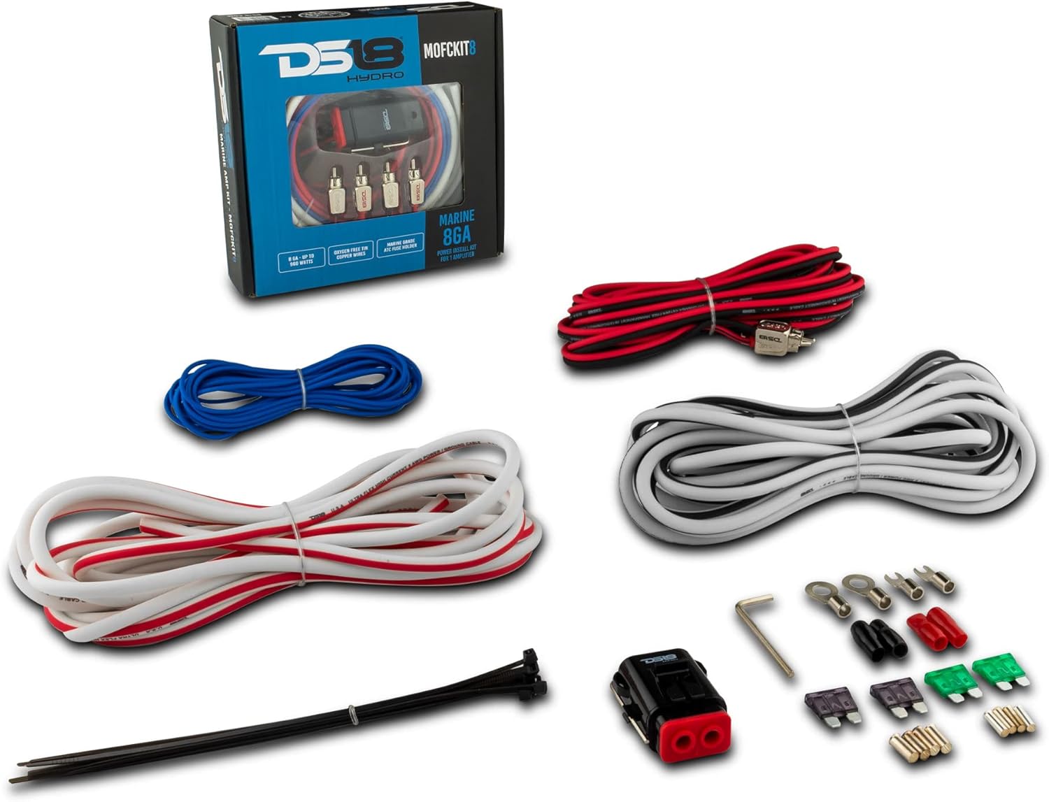 DS18 Hydro MOFCKIT8 8 Gauge Marine Tinned Amplifier Installation Wiring Kit – Up to 960 Watts, OFC 100% Cooper