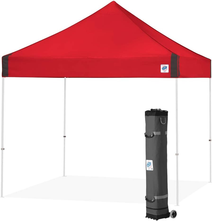 E-Z UP Vantage Instant Shelter Canopy, 10' x 10', White Powder-Coated Steel Frame with Wide-Trax Roller Bag & 4 Piece Spike Set, Punch