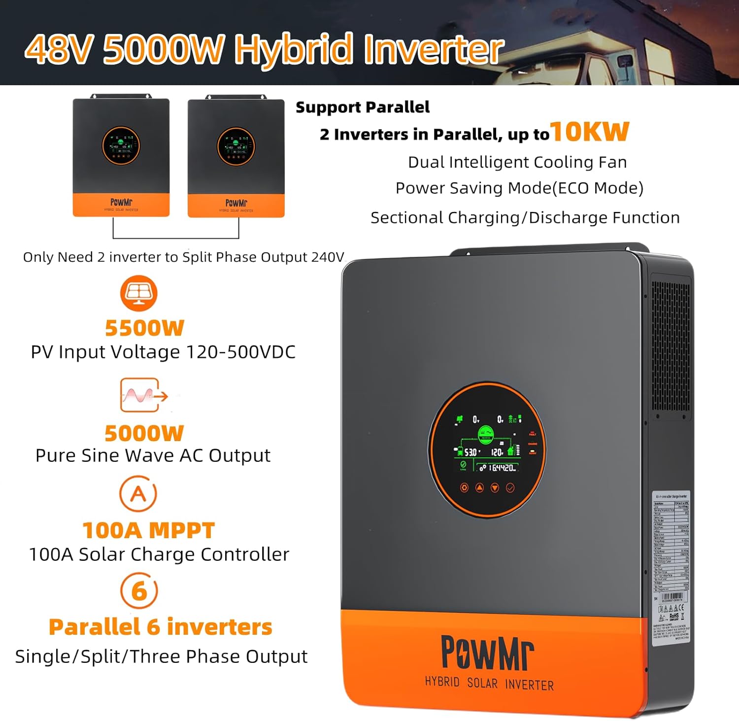PowMr 5000W Solar Inverter 48VDC to 110VAC, 5kW Split Phase Inverter with 100A MPPT Controller Built-in, Max.PV Input 5500W, 500VDC, Pure Sine Wave, Support Up to 6 Units in Parallel
