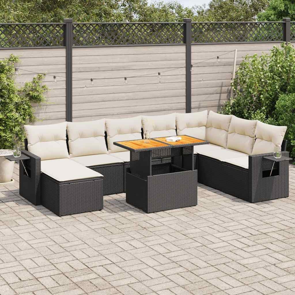 9-Piece Modular Garden Sofa Set with Adjustable Armrests, Black PE Rattan and Acacia Wood Outdoor Furniture for Patio Lounging