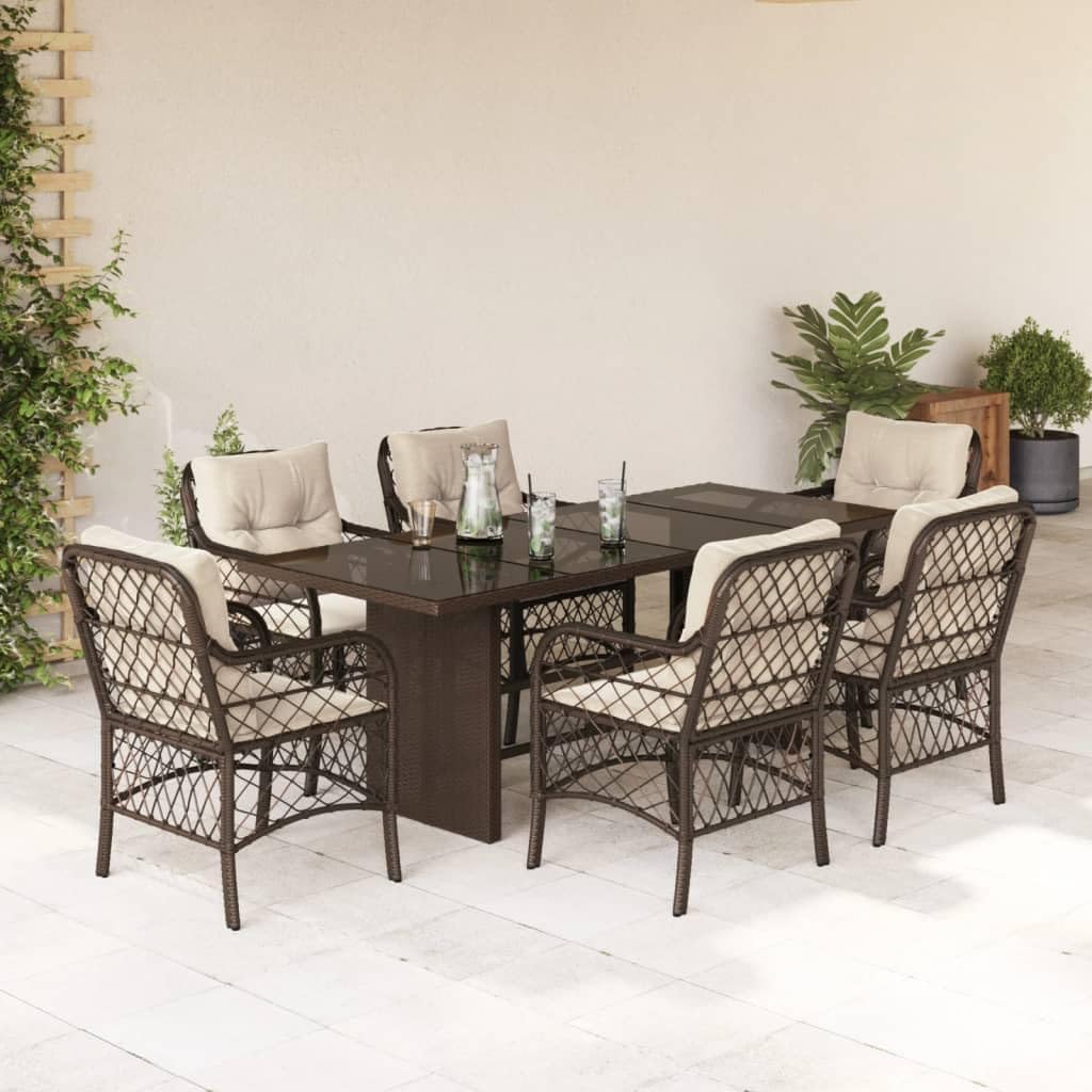 7 Piece Patio Dining Set with Cushions Brown Poly Rattan Garden Furniture