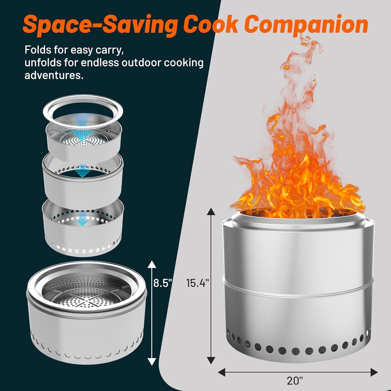 20 inch Smokeless Fire Pit, Outdoor Wood Burning Portable Stainless Steel Fire Pit with Carry Bag for Backyard Patio Garden Picnic Camping Bonfire