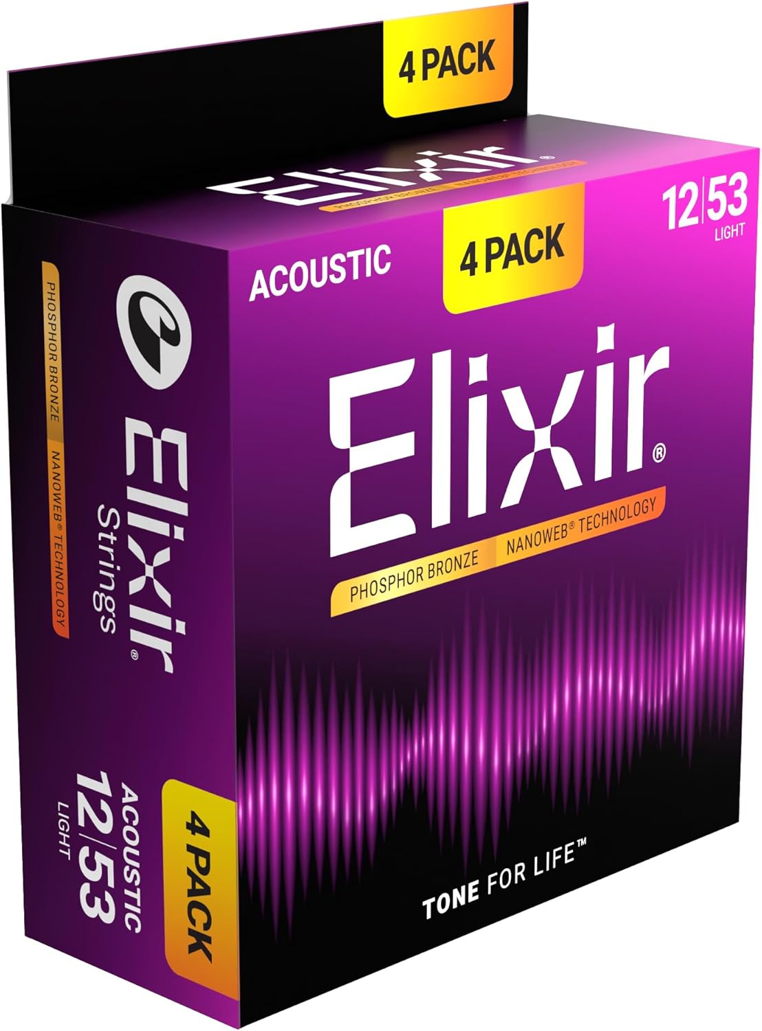 Elixir Strings, Acoustic Guitar Strings, Phosphor Bronze with NANOWEB Technology, Longest-Lasting Rich and Full Tone with Comfortable Feel, 4 Pack, Light 12-53