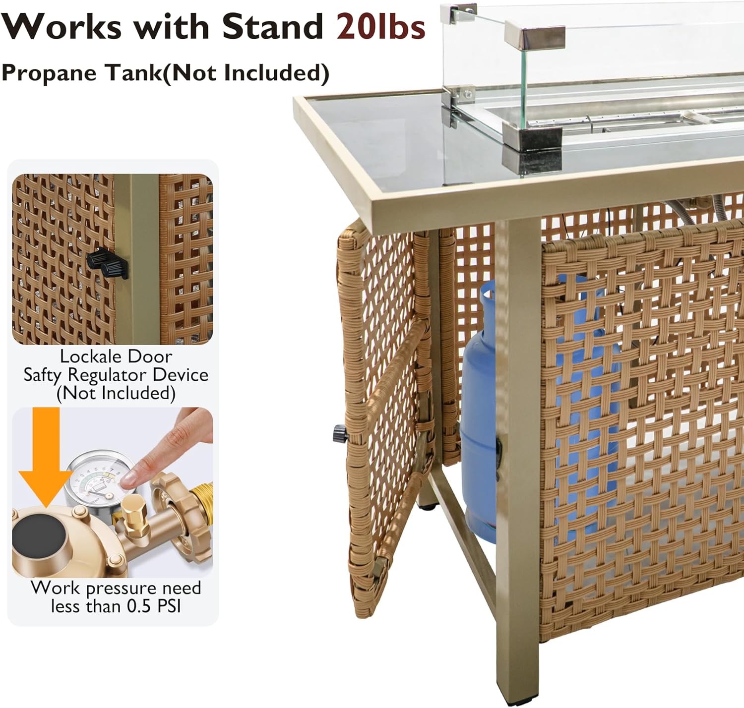 43-Inch Propane Fire Pit Table, Outdoor Gas Fire Table with Glass Wind Guard, 60000 BTU Rectangular Open Weave Wicker Fire Pit for Outside Patio Deck Garden Backyard- Orange & Mustard Yellow