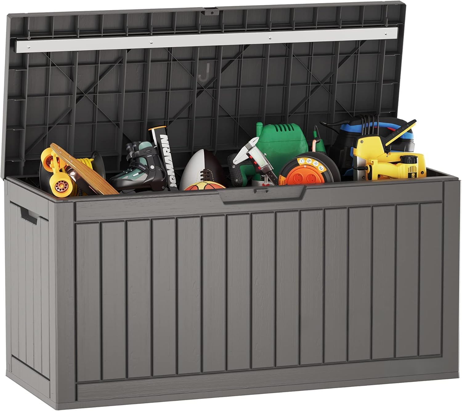60 Gallon Outdoor Storage Box with Lockable Lid, Gray Resin Deck Box with Wood-Grain Texture, 42x17x22 Inch Patio Storage Container with Built-in Handles