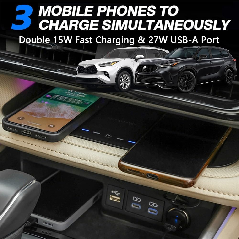 2023 Upgrades Wireless Car Charger for Toyota Highlander Accessories 2023 2022 2021 2020, OEM Style Phone Dual Charging Pad for Toyota Highlander L/LE/XLE/XSE/Limited/Platinum Car Interior