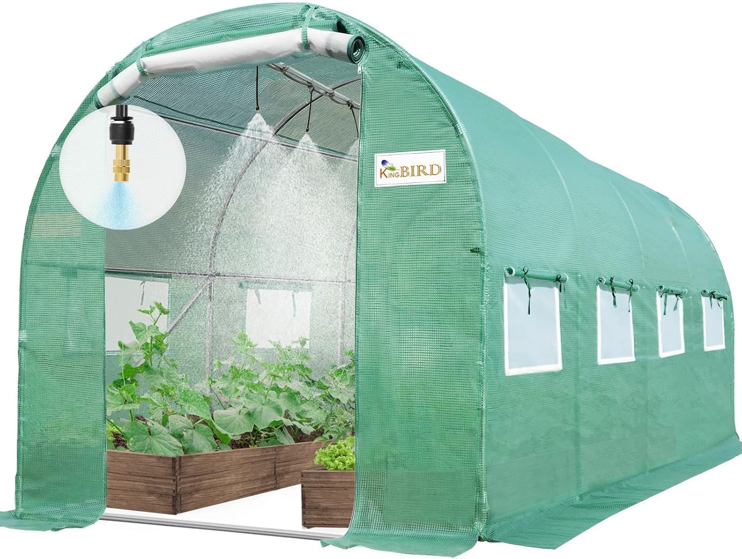 KING BIRD Premium 15x6.6x6.6FT Greenhouse for Outdoors, Large Walk-in Heavy Duty Galvanized Steel Frame, Mesh Door Screen Window Tunnel Hoop Garden Plant Winter Hot House, with Watering Kits, Green