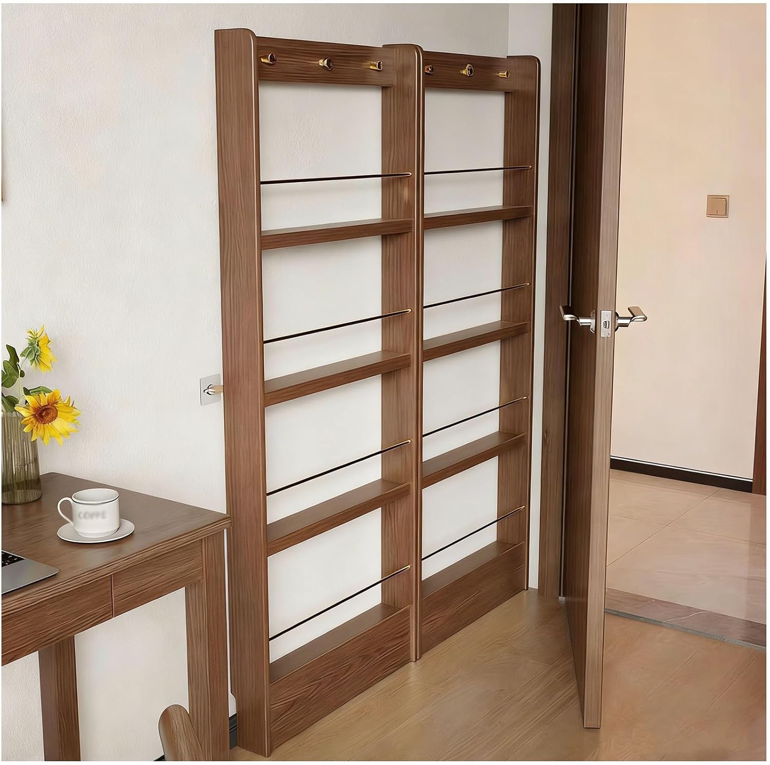 Solid Wood Bookcases Behind The Door Bookshelf Solid Wood Bookcases with Open Display Shelves Behind The Door Storage Organizer for Toys And Books Space-Saving Wall Mount Narrow Book Shelf,60*10*186cm