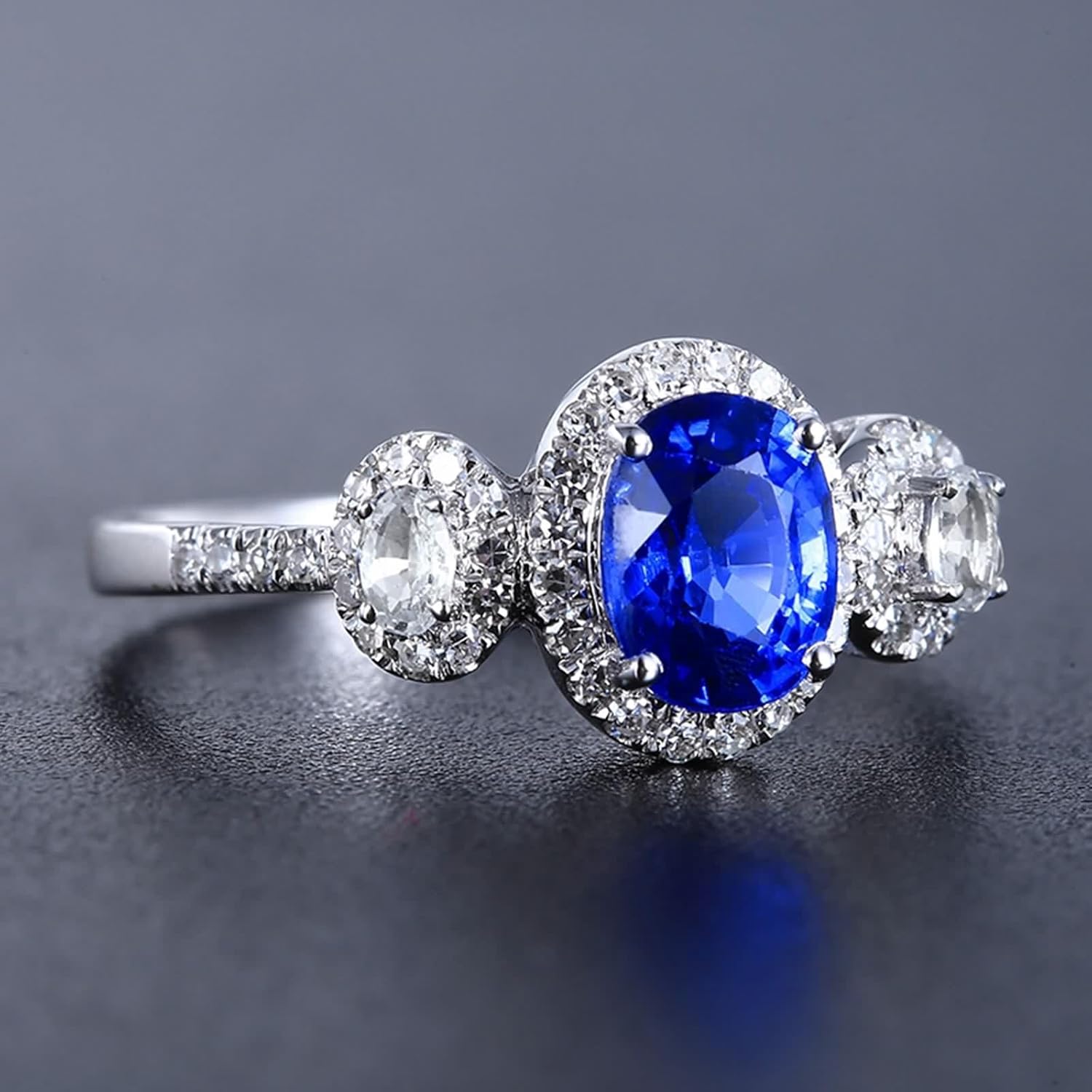 18K White Gold Engagement Ring, Women's Ring Lab Created Sapphire 4 Claws White Gold Band with Moissanite Birthday Gift for Her