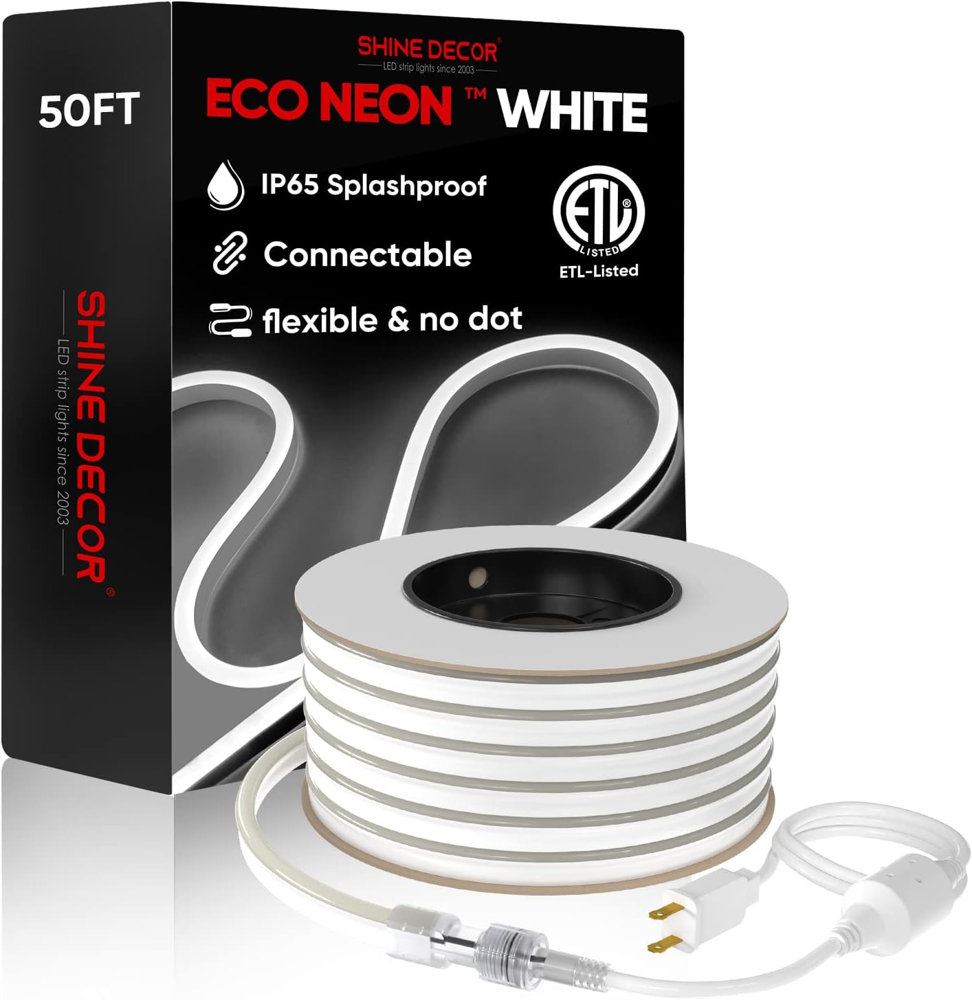 Shine Decor LED Rope Lights AC 120V, Connectable & Cuttable Dotless 120LEDs/M Eco Neon Strip Lighting, ETL IP65 Waterproof & Weather-Resistant for Home Commercial, 8x16mm, 4500K Neutral White, 50FT