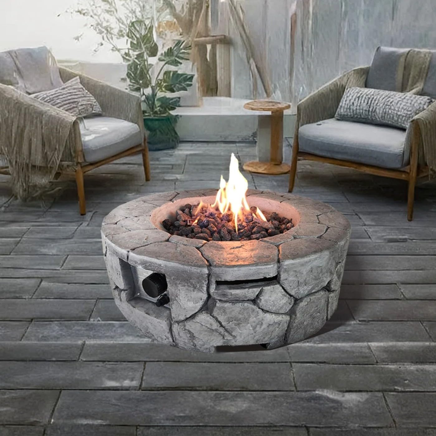 Outdoor Heater 28 Inch Propane Smokeless Fire Pit Bowl Round Gray Stone-Look Gas Firepit for Patio & Backyard Push-Button Ignition Adjustable Flame Control