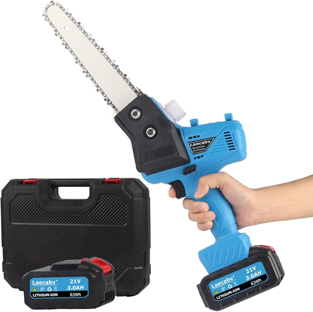 Laecabv 7-Inch Cordless Chainsaw, Brushless Motor, Electric Chainsaw Battery Powered One-Hand Chain Saw with 2Pcs 21V 3.0Ah Battery and Charger for Tree Branch Wood Cutting (3AH Battery, BLUE)