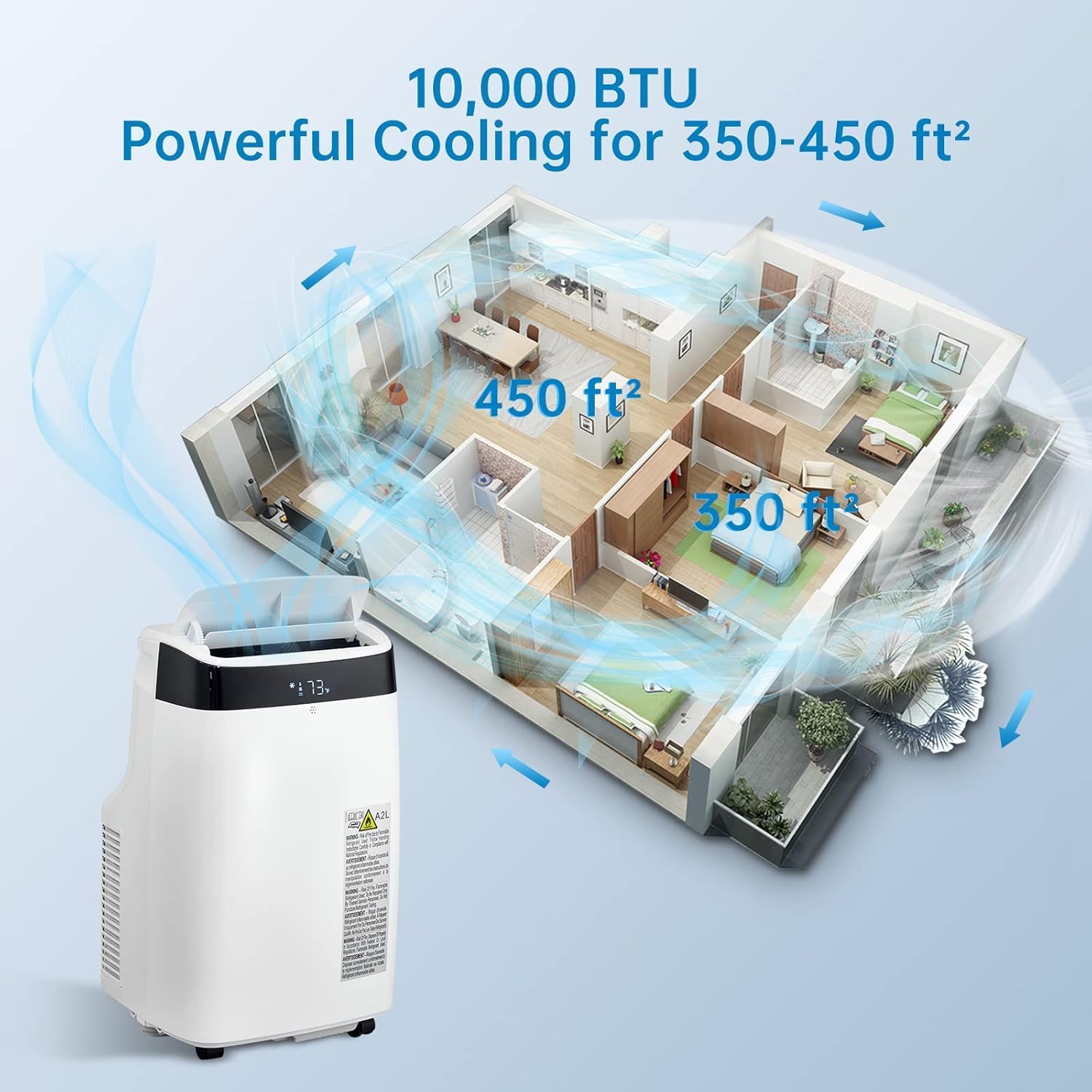 10000 BTUs Portable Air Conditioner, Cools up to 450 Sq. Ft. 3-in-1 Cooling, Dehumidification, Fan Mode, with Remote Control and Window Mounting Kit, LED Display, 24-Hour Timer, for Living Rooms