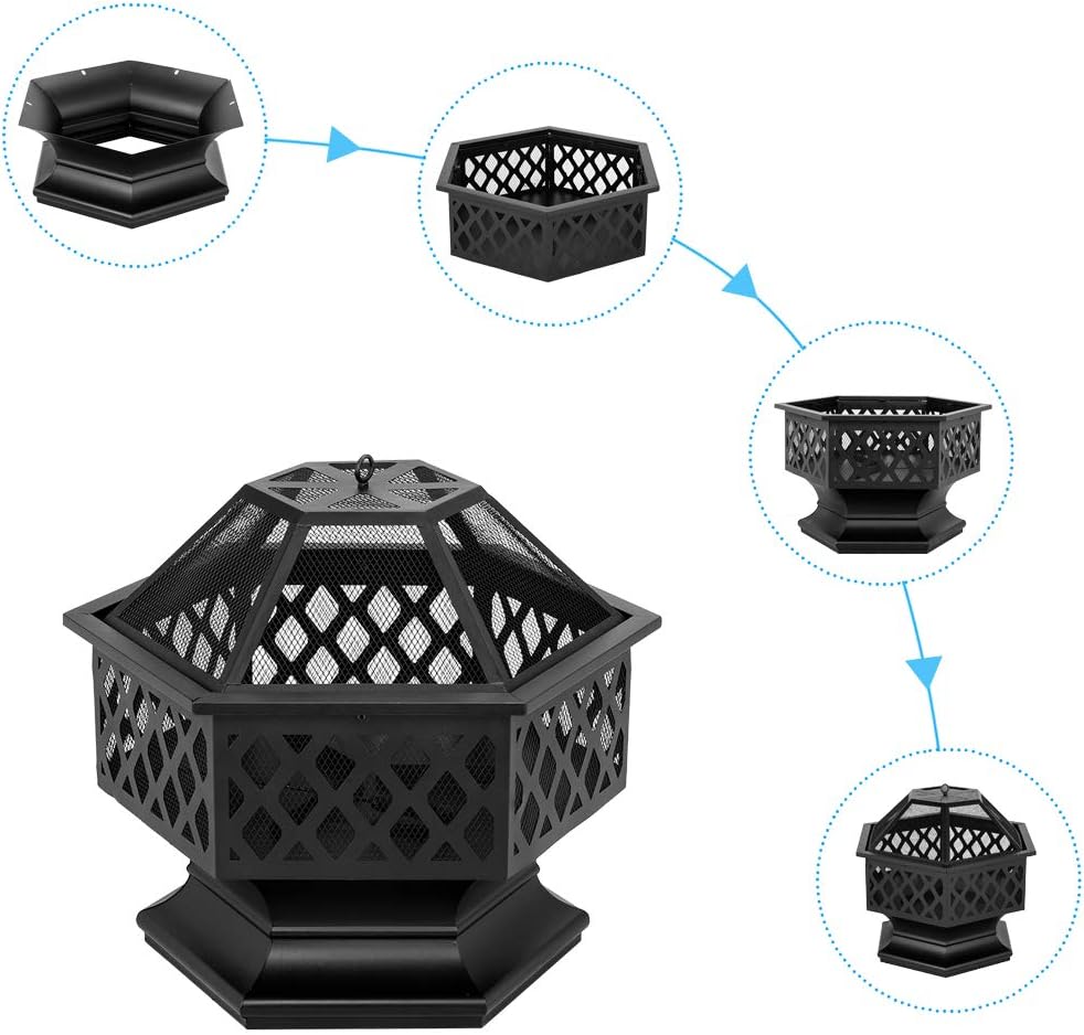 Fire Pits 27in Hexagonal Metal Fire Bowl Outdoor Firepit Backyard Patio Wood Burning Fireplace with Mesh Screen Cover Poker for Camping Picnic Bonfire