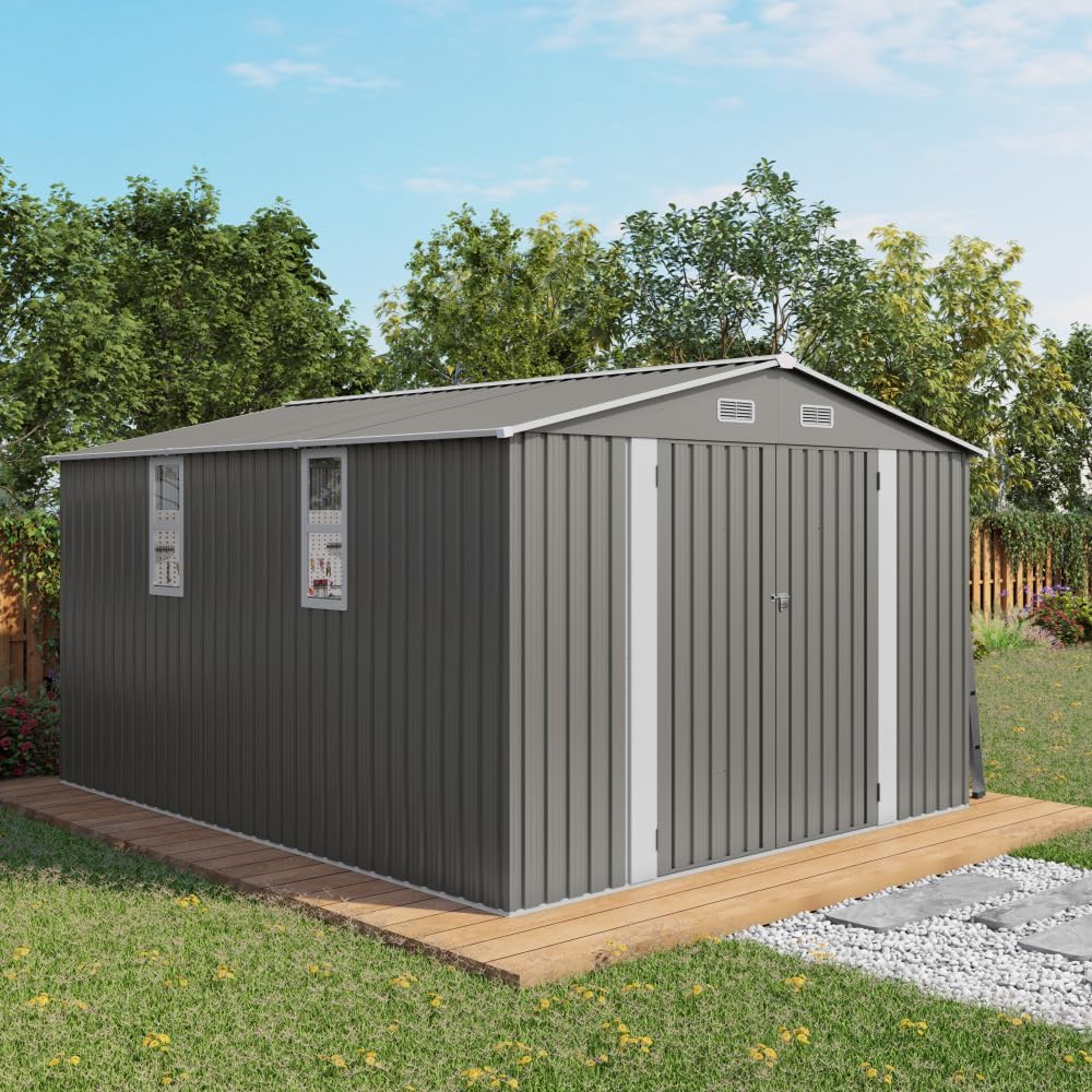 10x12 FT Outdoor Storage Shed, Large Metal Garden Shed with Double Doors & Windows, Waterproof Backyard Tool Organizer for Lawn Equipment, Mower, Outdoor Storage, Patio, Poolside, Grey
