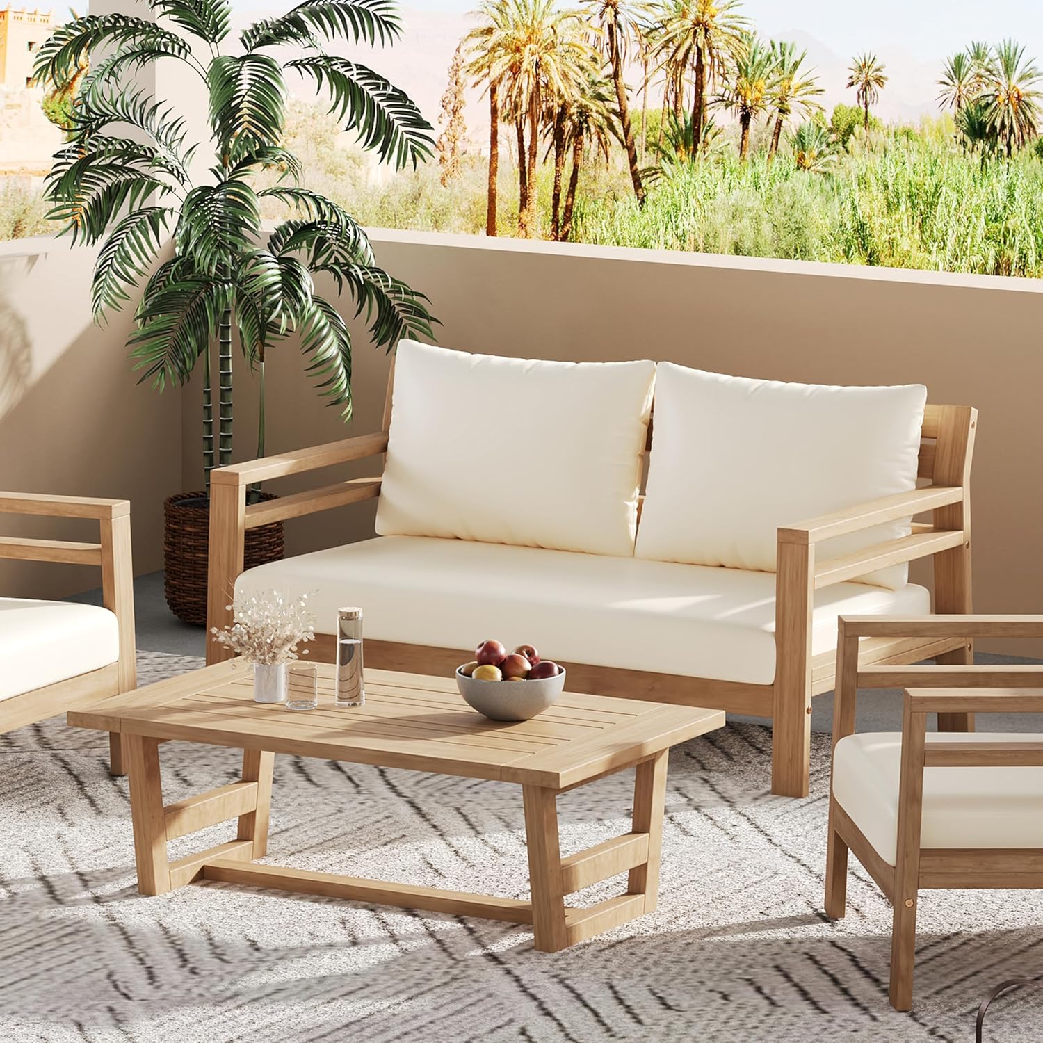 Christopher Knight Home Jamaia 2 Pieces Acacia Furniture Set, Patio Conversation Chat 2-Seat Sofa Set with Coffee Table, Outdoor Acacia Loveseat Set for Garden Porch Backyard Balcony, Light Teak+Beige