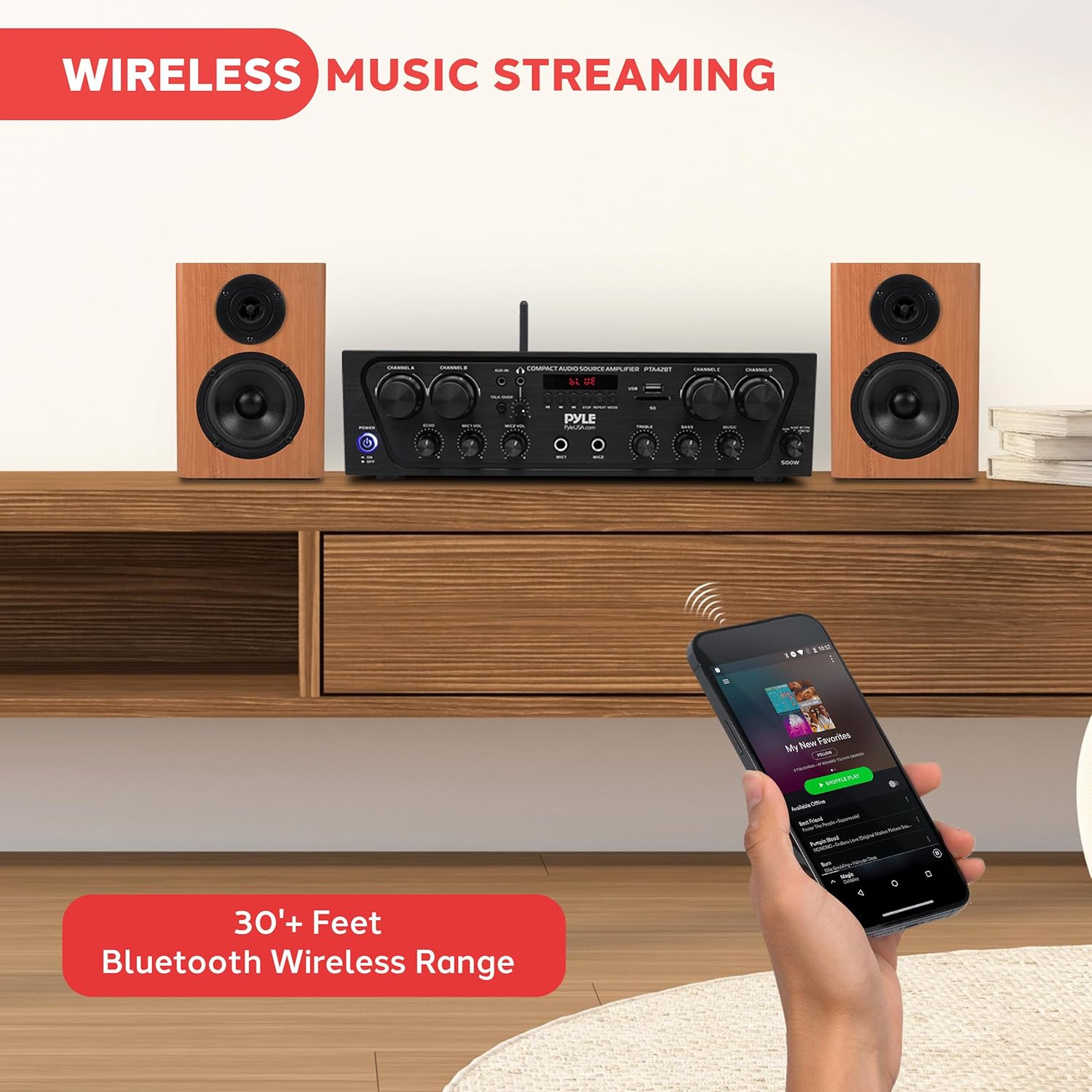 Pyle PTA42BT Wireless Karaoke Bluetooth Stereo Receiver - 4 Channel Power Amplifier w/USB,2 Microphone Input w/ Echo,Talkover for PA Great for Home Speaker System,Black