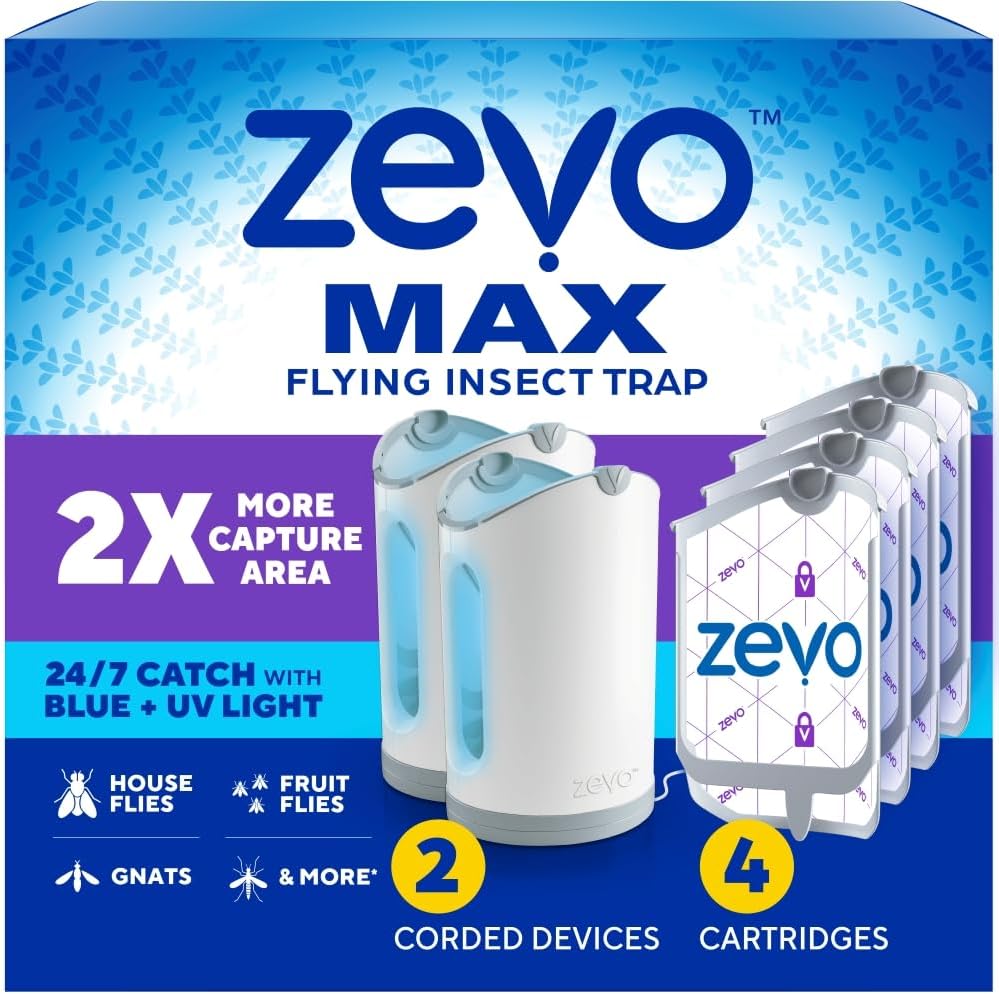 Zevo MAX Bug Catcher & Fly Trap for Indoors - Flying Insect Trap for Gnats, House & Fruit Flies - Use in Any Room - No-Mess Disposal (2 Plug in Bases & 4 Cartridges)