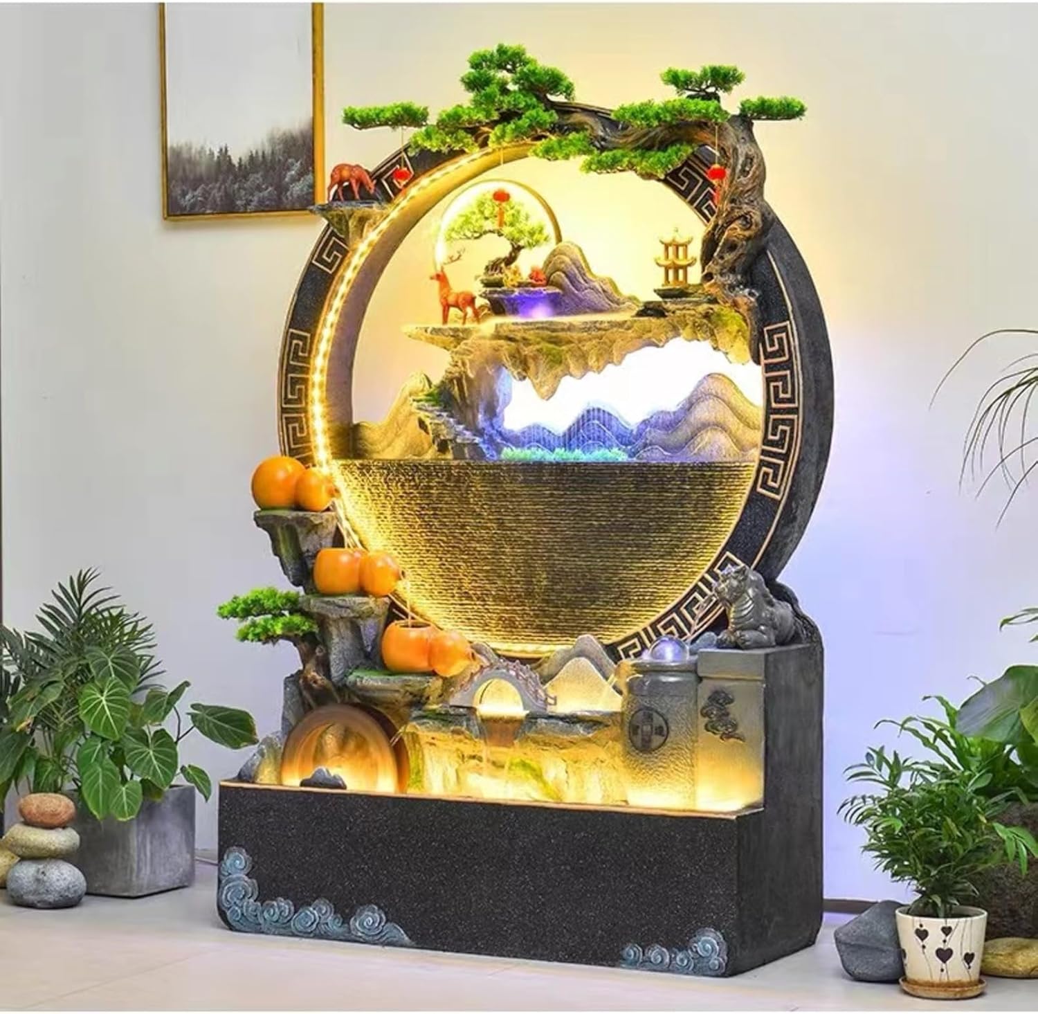 Magnificent 5.8ft Cement Standing Fountain with Lighting Zen Garden Design | Indoor and Outdoor use | Rain and UV Protection(Large Black)