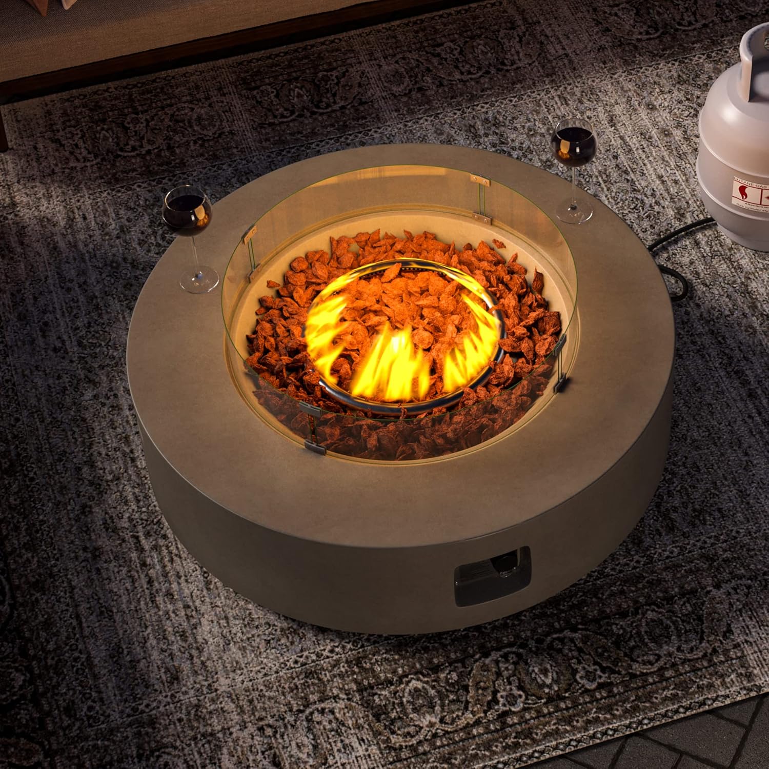 SUNBURY Outdoor Propane Burning Fire Pit, Circular Gray Patio Fire Table 50,000 BTU w Lava Rocks, Glass Wind Guard, Waterproof Cover