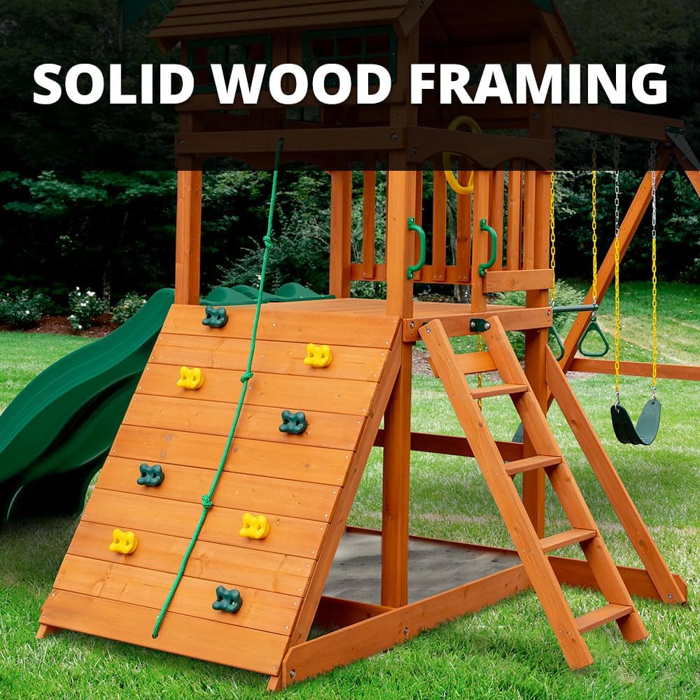 Gorilla Playsets 01-1077 Avalon Treehouse Wooden Swing Set with Oversized Green Vinyl Canopy Roof, Climbing Wall, Ladder, Swings and Slide