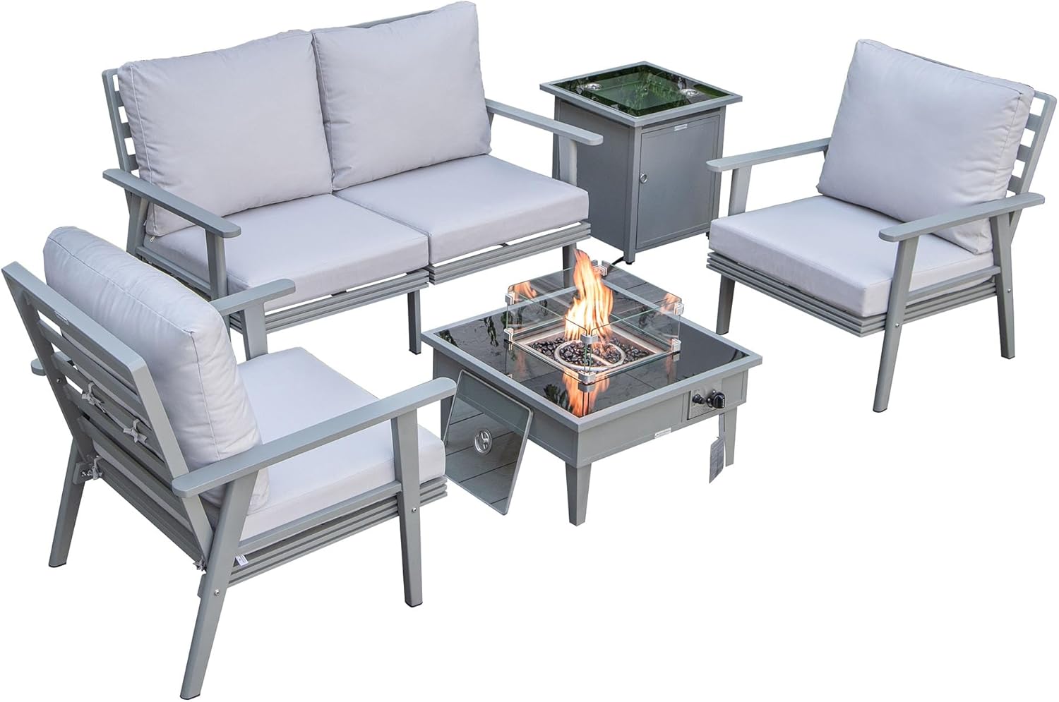 LeisureMod Walbrooke Modern Aluminum 5-Piece Patio Conversation Set with Outdoor Square Fire Pit Side Table Tank Holder, Light Grey