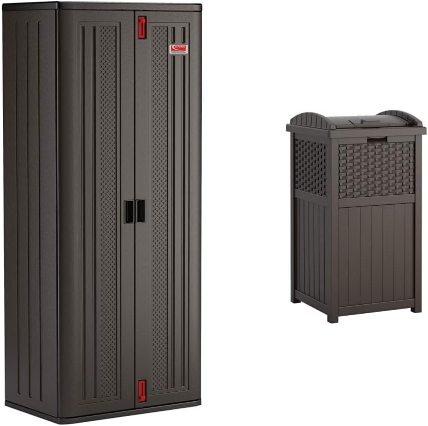 Suncast Commercial 19 Cubic Ft. Heavy-Duty Resin Cabinet with 4 Shelves + Suncast 33 Gallon Hideaway Can Resin Outdoor Trash