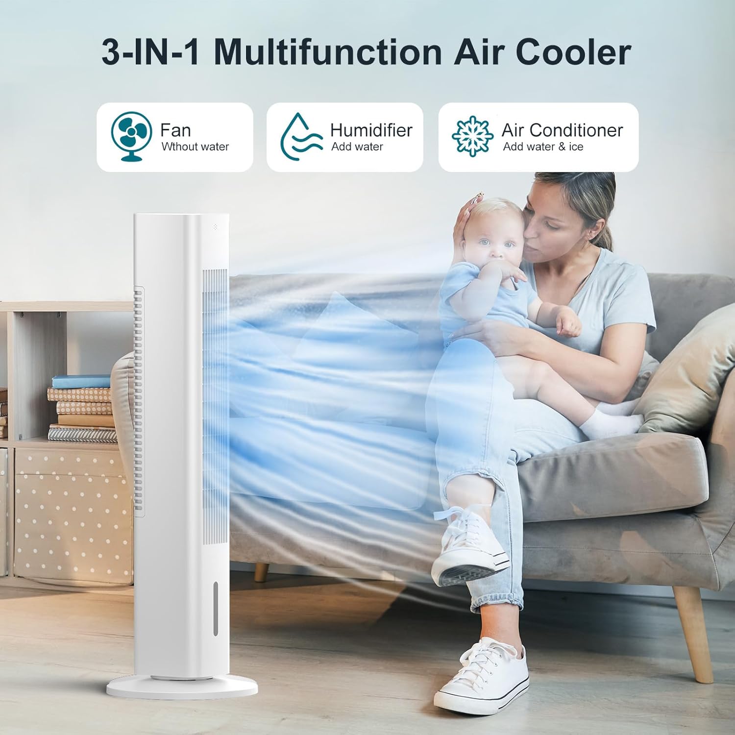 Windowless Portable Air Conditioner Ac Units with Remote, Evaporative Air Tower Cooling Fan, Small Indoor Outdoor Oscillating Swamp Cooler for Room Office Kitchen,7H Timer, Small, White