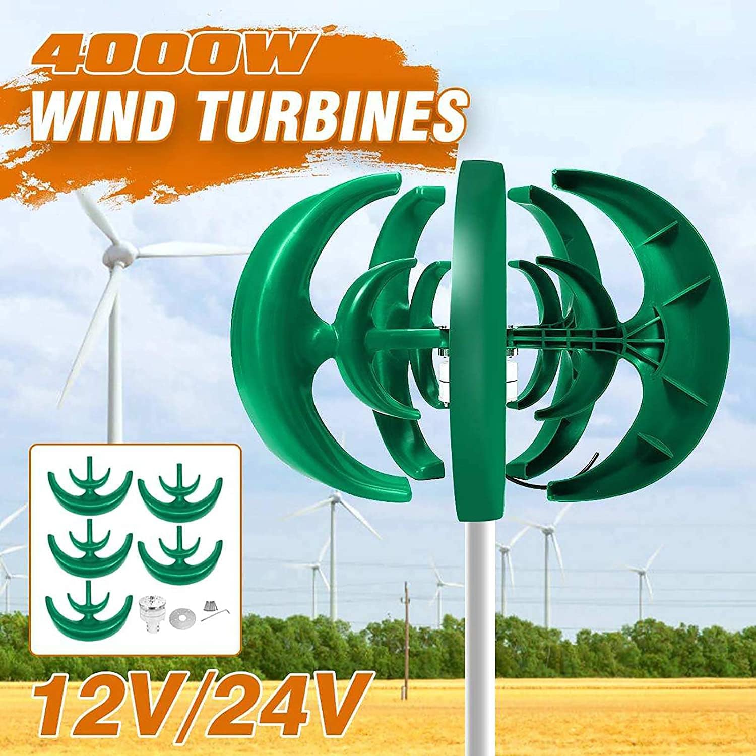4000W Vertical Axis Wind Turbines Generator Lantern Motor Kit Windmill Energy Charge Turbines for Home Camping 5 Blades