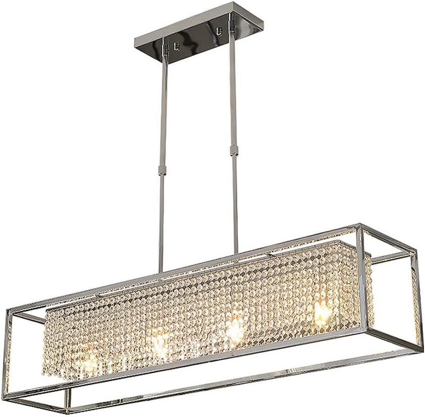 LYZAP Crystal Metal 4 Lights Height Adjustable Ceiling Light，Modern Rectangular Island Suspension Lamp，Fixture for Kitchen Island Living Room Bedroom Chrome